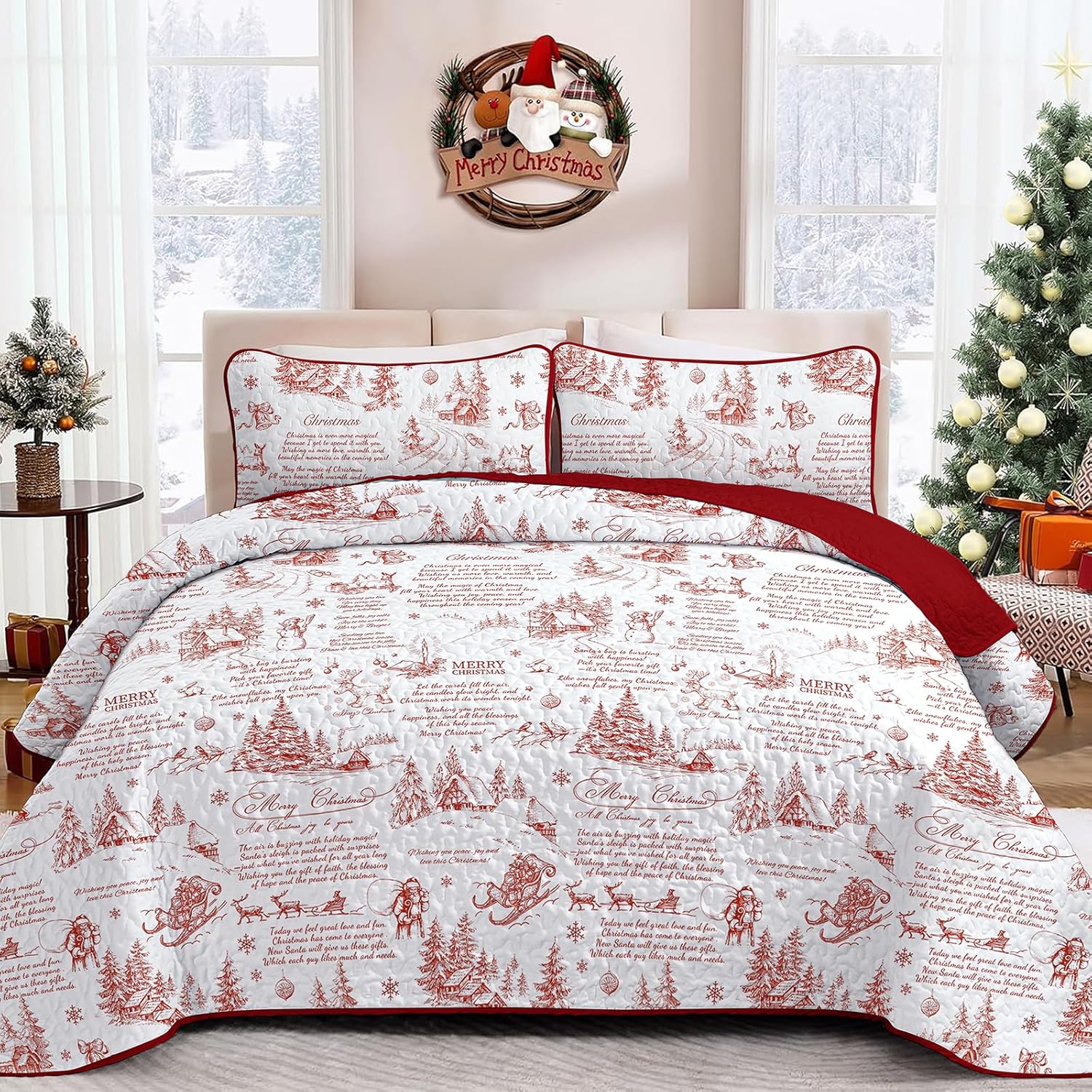 WONGS BEDDING Christmas Quilt Set King Size, Red Christmas Tree Snowflake Deer Pattern Bedding Set, Soft Microfiber Bedspread with 2 Pillow Shams for New Year (104"*90")