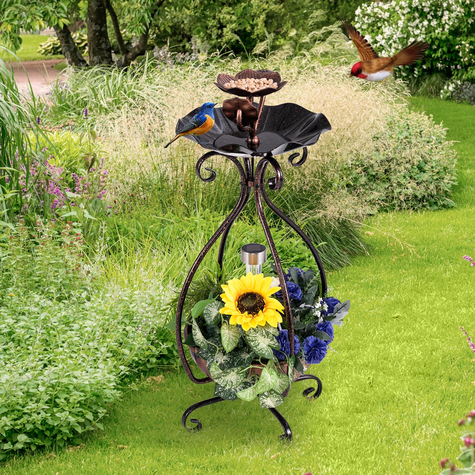 GYMAX Comedero Solar para Pájaros de Exterior, Bañera para Pájaros con Luz Solar LED, Jardinera Inferior de Flores, Marco Metálico, Bebedero Decorativo Vintaje para Ave (Bronce Antiguo)