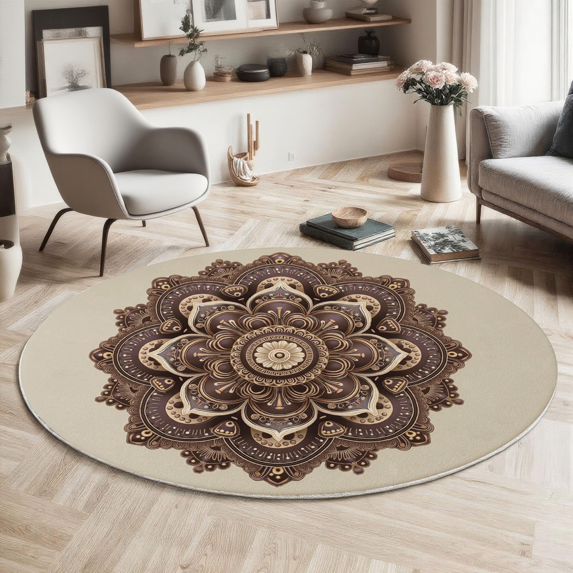 Tapis rond pour chambre d'enfant et salon au motif mandala bohème chaleureux