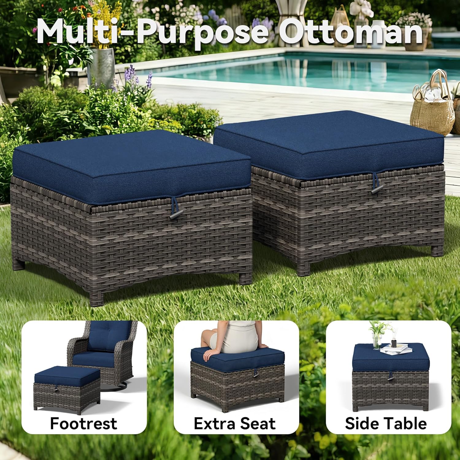 3-Piece Outdoor Couch Set, Include Wicker Patio Sofa with Thickened Olefin Cushions, High Back and Deep Seating, Hand-Woven PE Rattan and 2 Ottomans, Patio Conversation Set for Porch, Deck