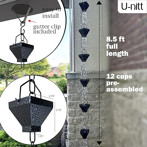 Miniatura 5 de U-nitt Cadena de lluvia colección de agua para canalones, atrapador de agua de lluvia y desviador, cadenas de 8.5 pies para jardín exterior, copas