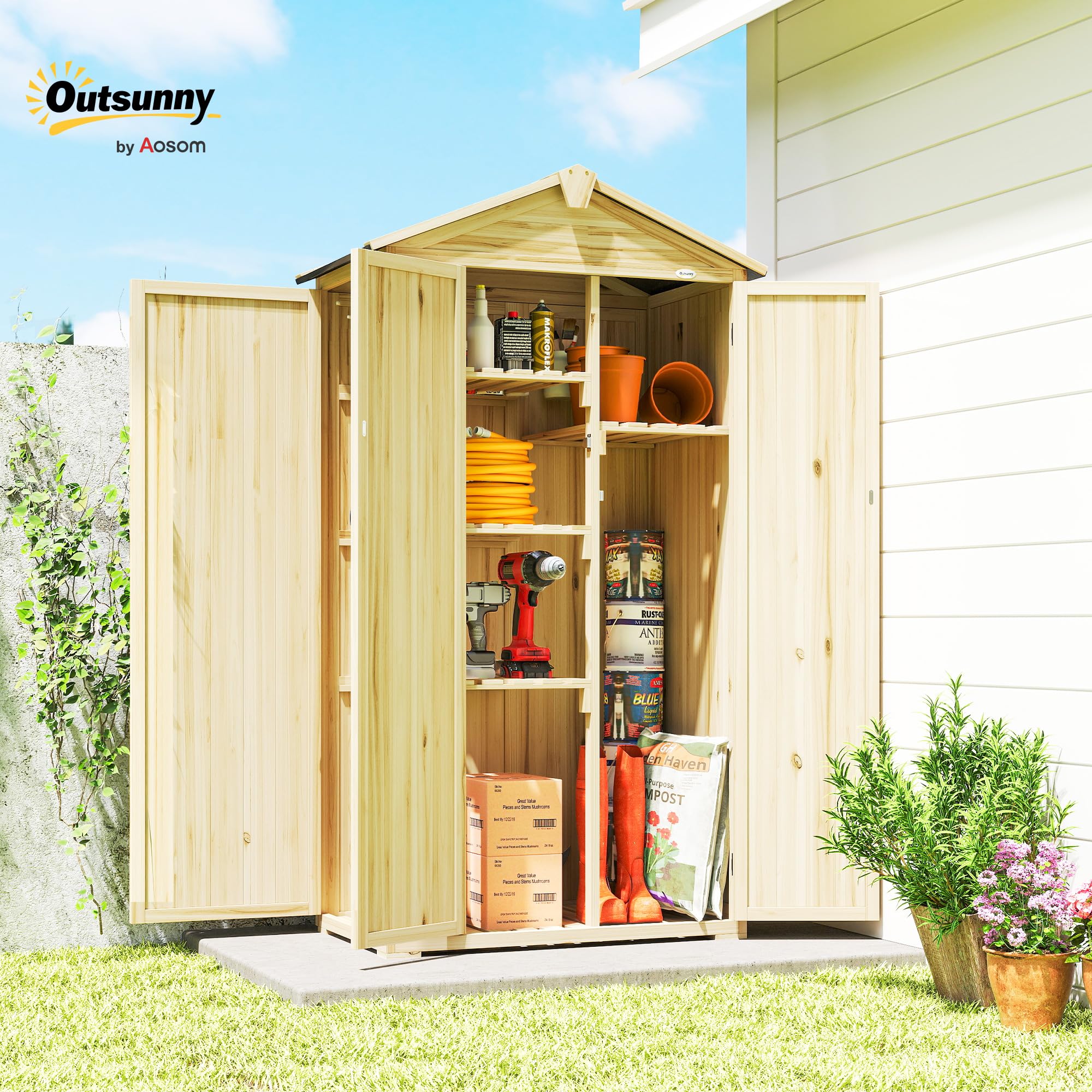 Outsunny Caseta de Jardín de Madera 93x53x168 cm 4 Estantes Madera Natural | Armario Exterior para Herramientas con Puertas Bloqueables, Techo Asfáltico Inclinado y Ganchos