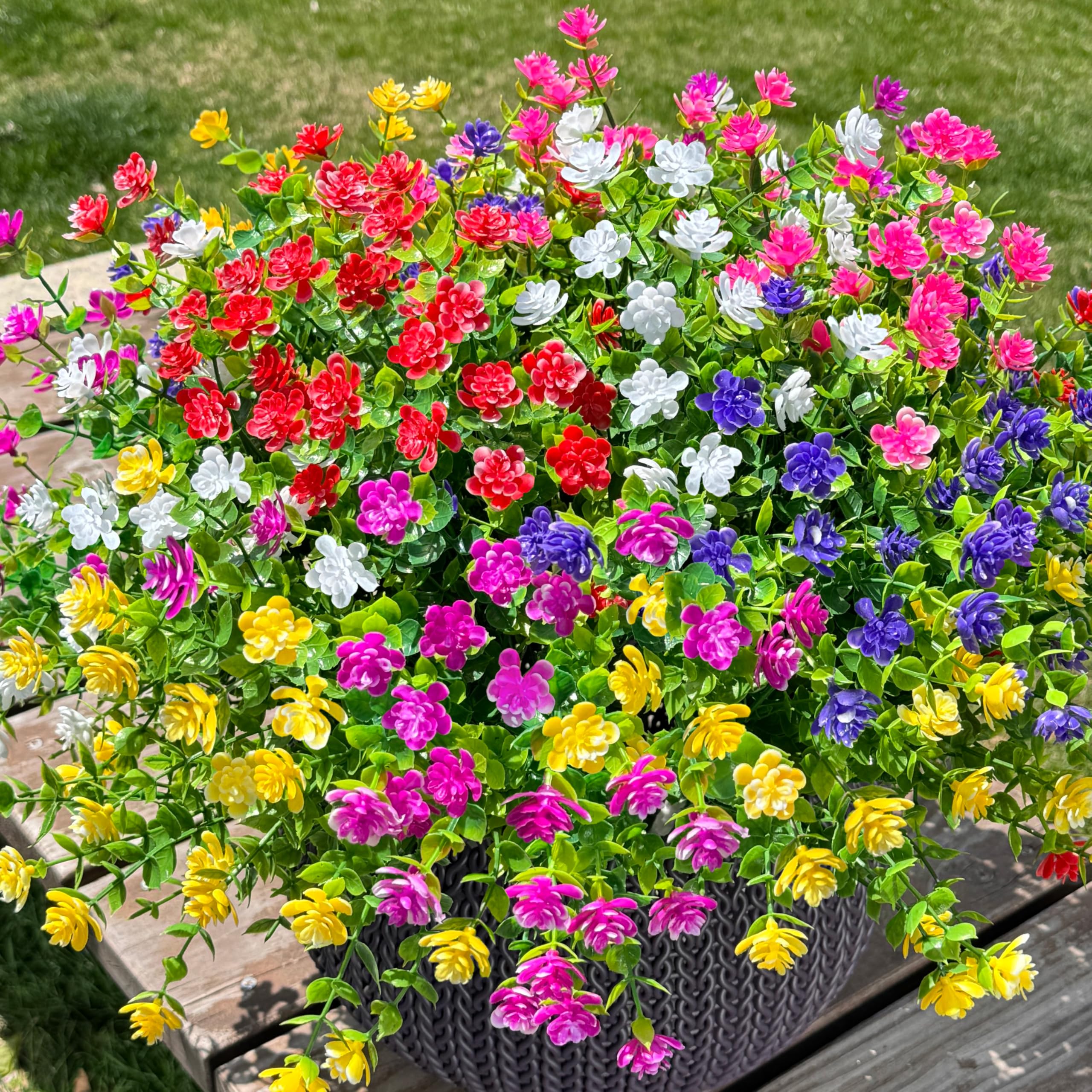 Ivydale Artificial Faux Flowers Plants for Outdoors Indoor Decoration, 12 Bundles Fake Plastic Mix-Colored Flowers UV Resistant Faux Greenery Bushes Shrubs for Home Porch Patio Garden (Mix)