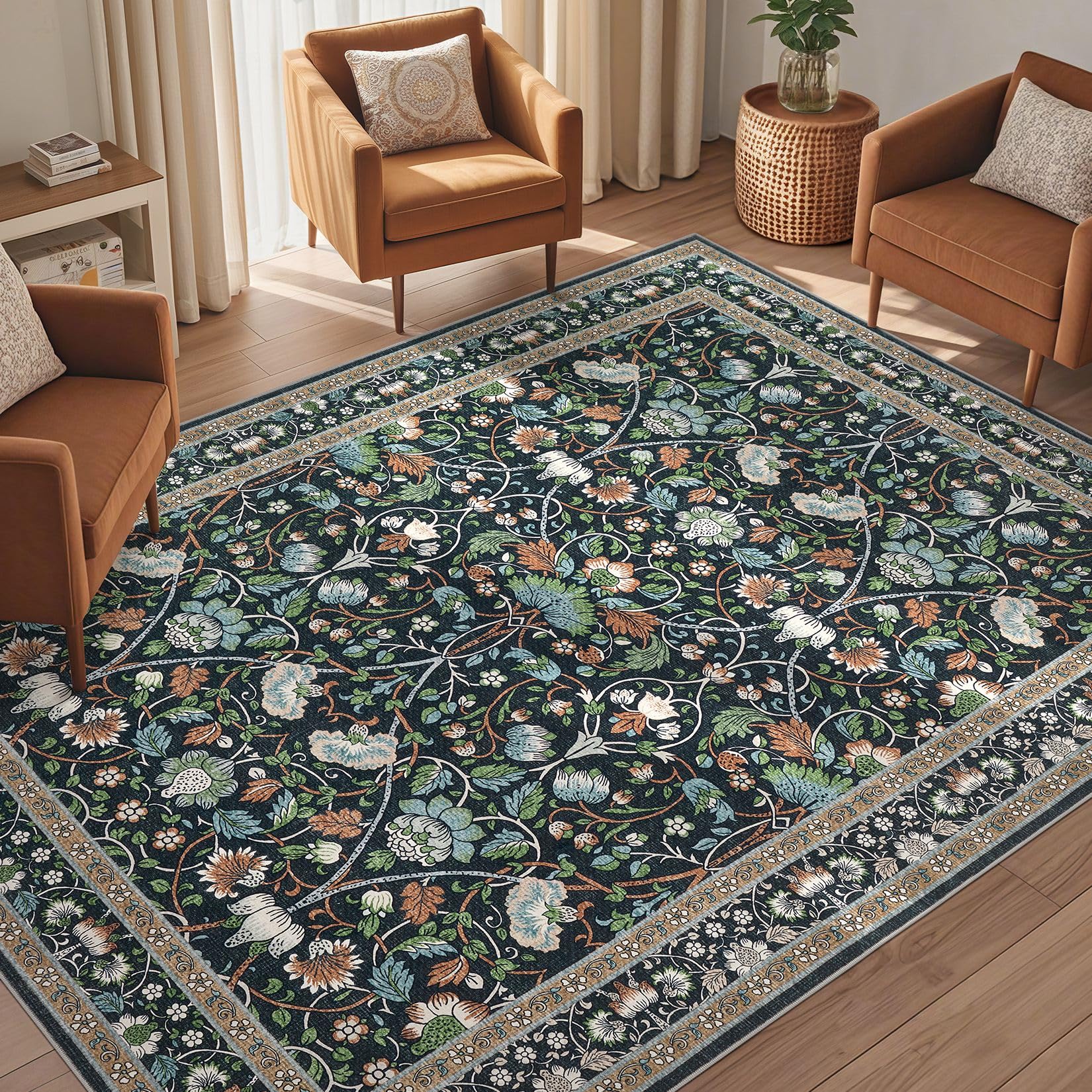 UERMEI 5x8 Area Rug Living Room Rugs - Washable Boho Vintage Floral Large Soft Non Slip Thin Rug Low Pile Carpet for Bedroom Dining Room Kids Playroom Office Decor Indoor- Black Blue