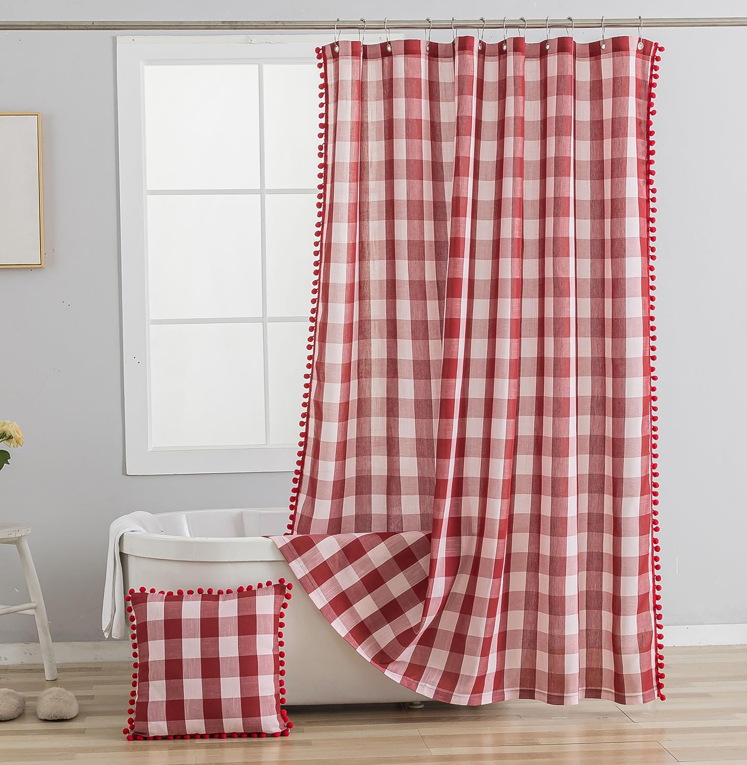 VOILYBIRD Red and White Buffalo Plaid Boho Shower Curtain for Bathroom 72” x 72”