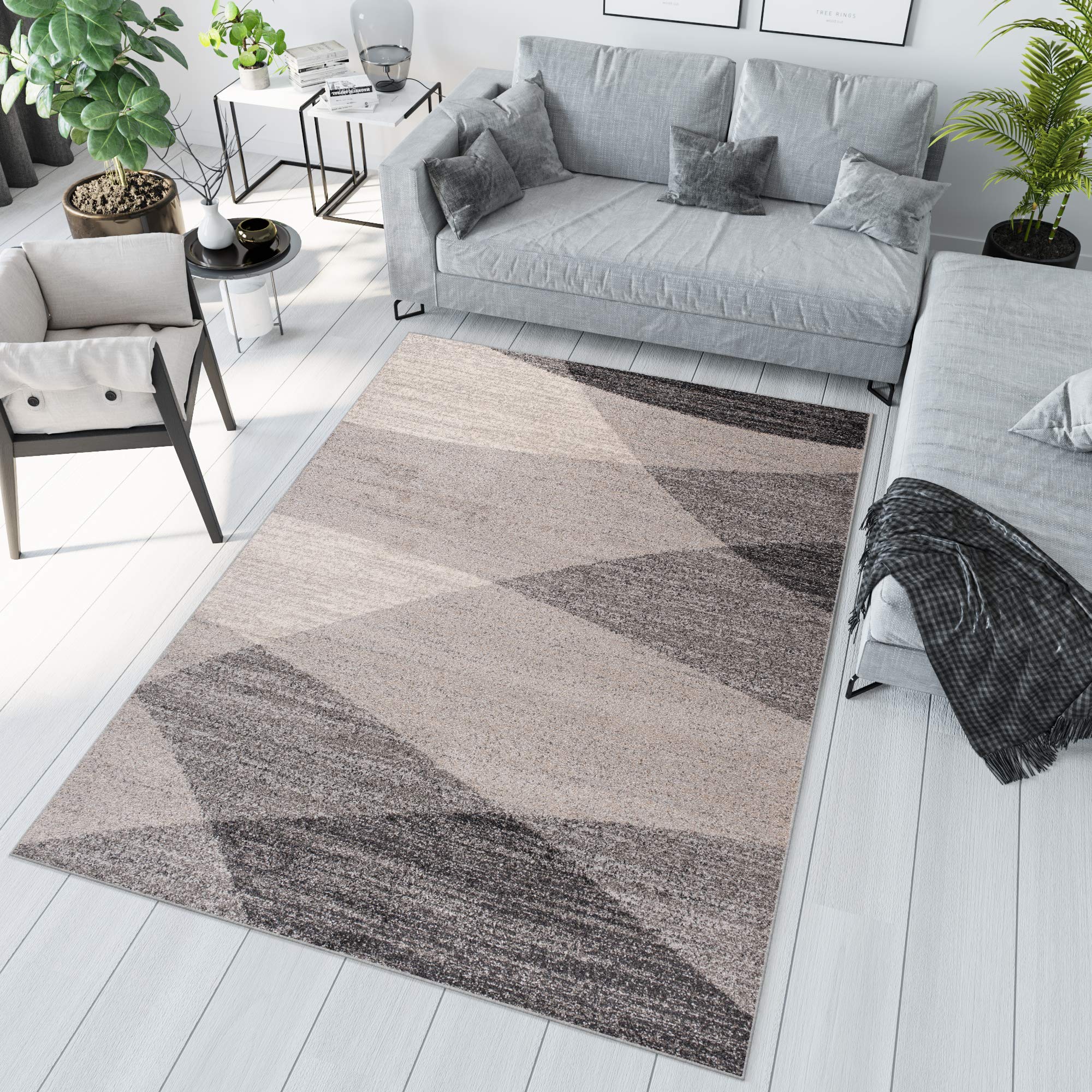 Tapiso Sari dywan z krótkim włosiem, nowoczesny, beżowy, szary, czarny, nakrapiany, wzór w paski, fale, do salonu, sypialni, Ökotex 160 x 220 cm