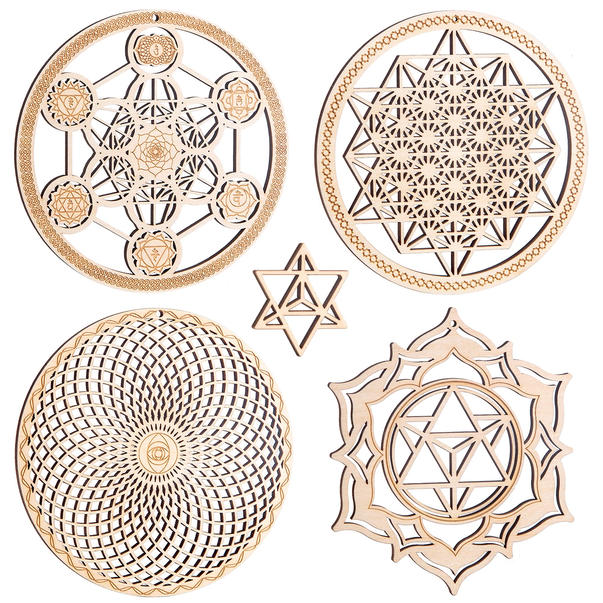 5.31" Sacred Geometry Wall Art 4 PCS Set, (Metatron Cube with Chakras,Torus,64 Tetrahedron,Star Tetrahedron) Crystal Grid Meditation Chakra Wooden Wall Art Yoga Spiritual Room Decor Gifts