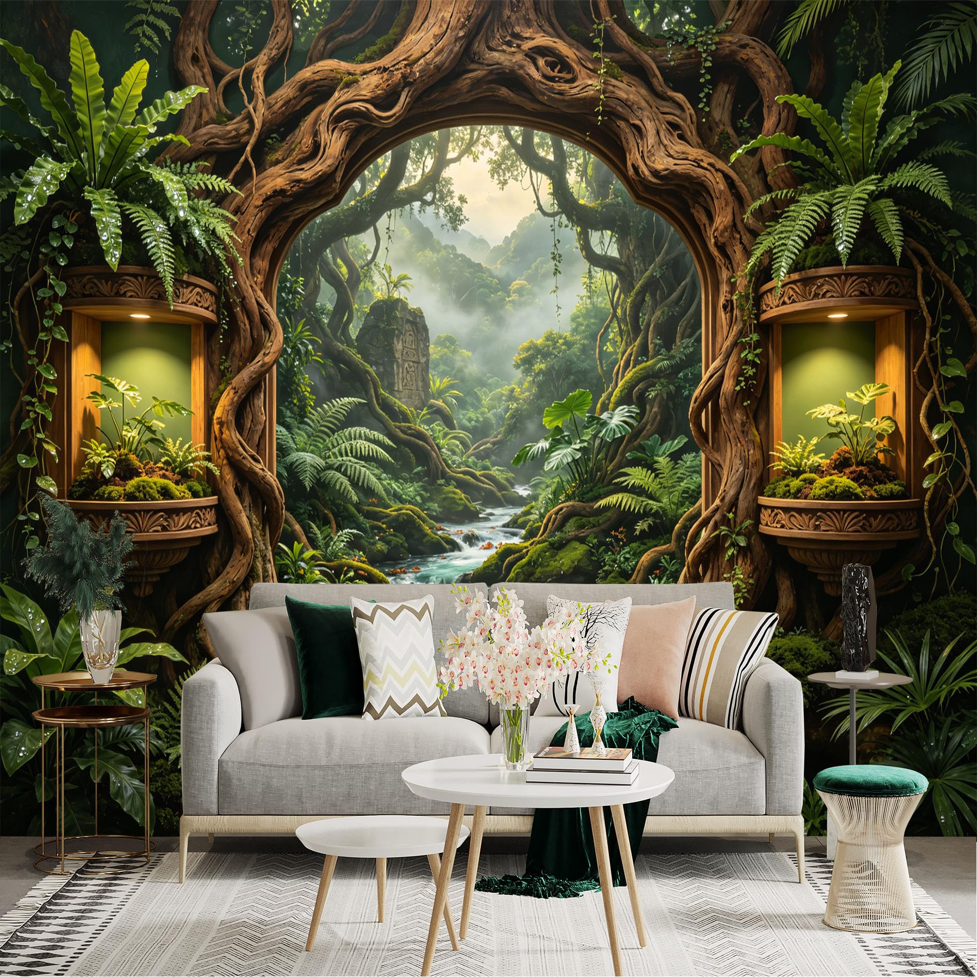 Custom Size Wall Sticker Mural， Enchanted Tropical Jungle with Waterfall and Ancient Ruins， for wall Decoration， peelandstick wall Decals.