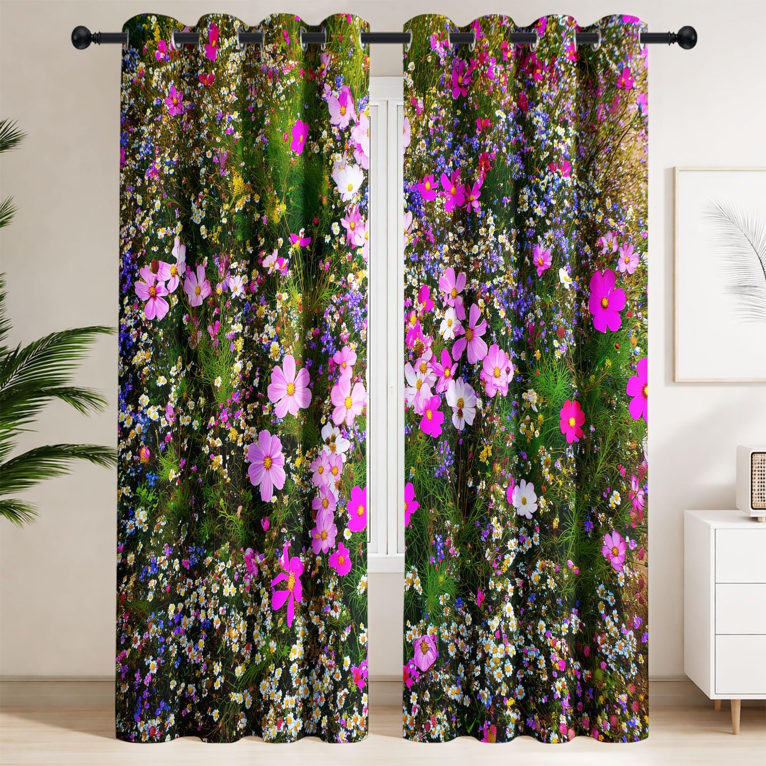 Generisch Kosmeen Gänseblümchen Wildblumen Verdunklungsvorhänge mit Ösen Landhaus Rustikal Blickdichte Gardinen Blackout Vorhang Thermo Weich für Schlafzimmer und Wohnzimmer 2er Set B 91.5 x H 214 cm