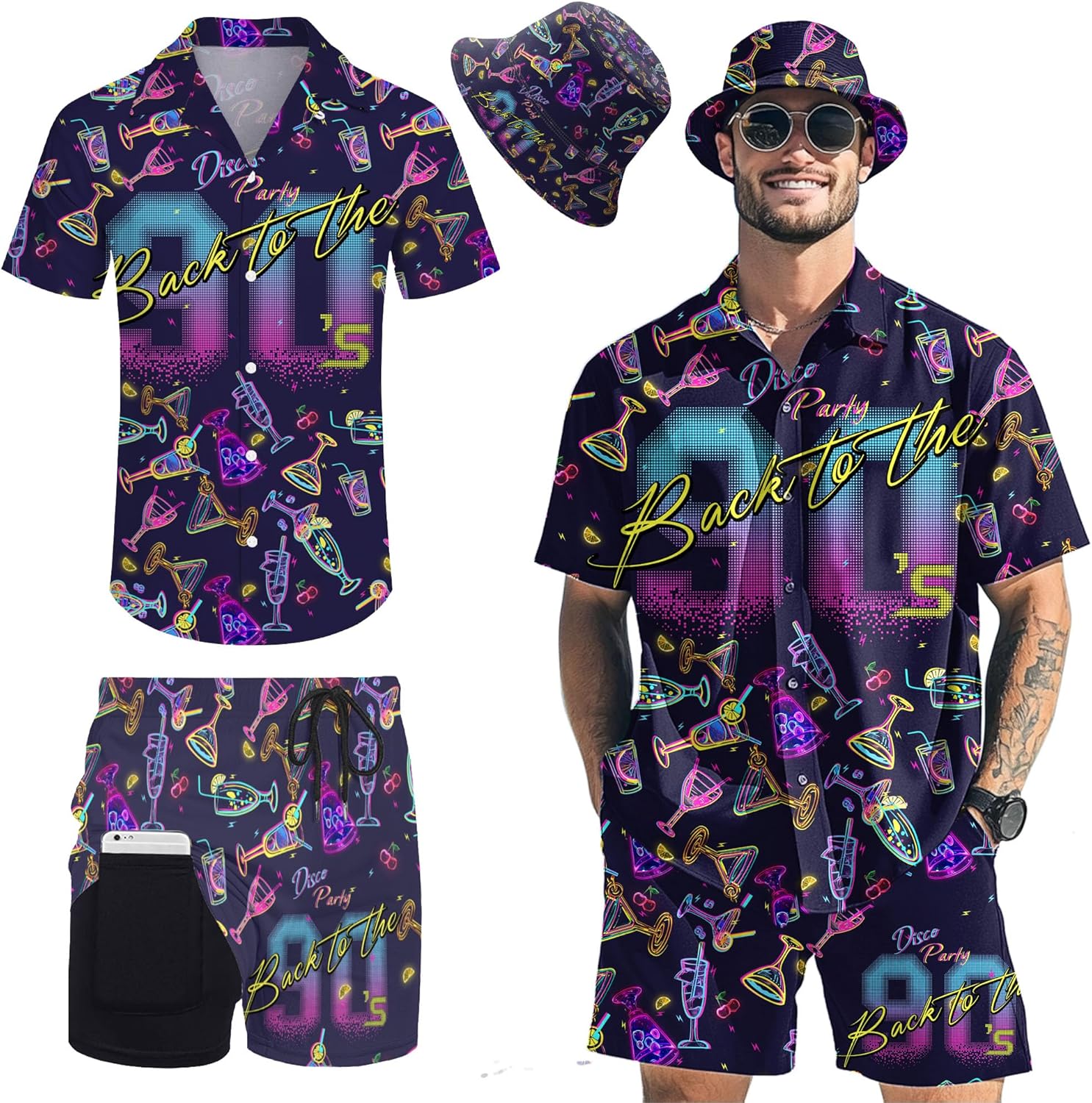Men's 2 piece 80s 90s rave outfits for Men Hawaiian Shirts with a Bucket Hat