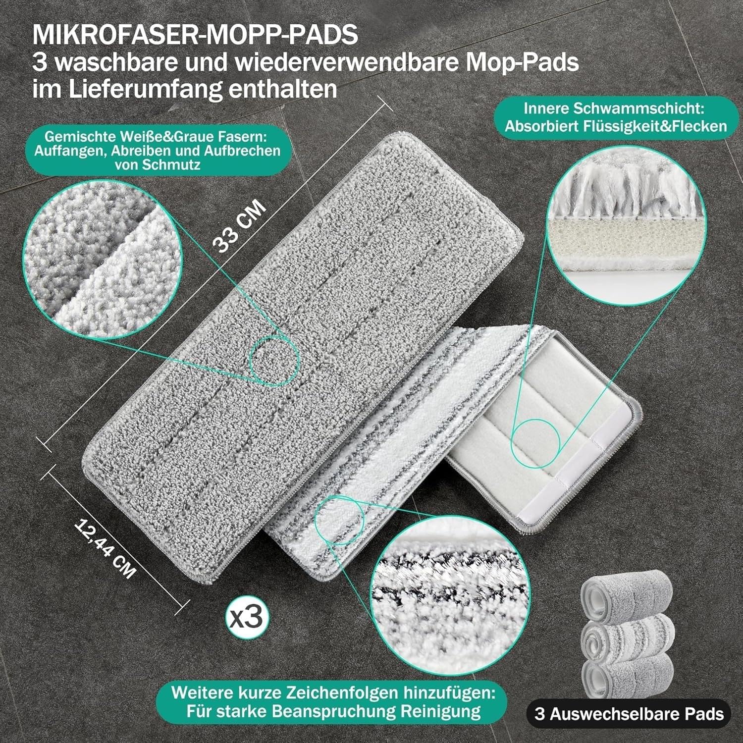 JOYMOOP Wischmopp und Eimer mit Auswringer-Set, Flacher Bodenwischer, 3 waschbare Mikrofaser-Pads, Nass- und Trockengebrauch