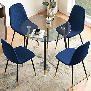 NORDICANA Tempered Glass Round Dining Table and Chair Set for 4 Person, Space Saving Kitchen Breakfast Nook Table Set with 4 pcs Blue Velvet Upholstered Dinner Chairs