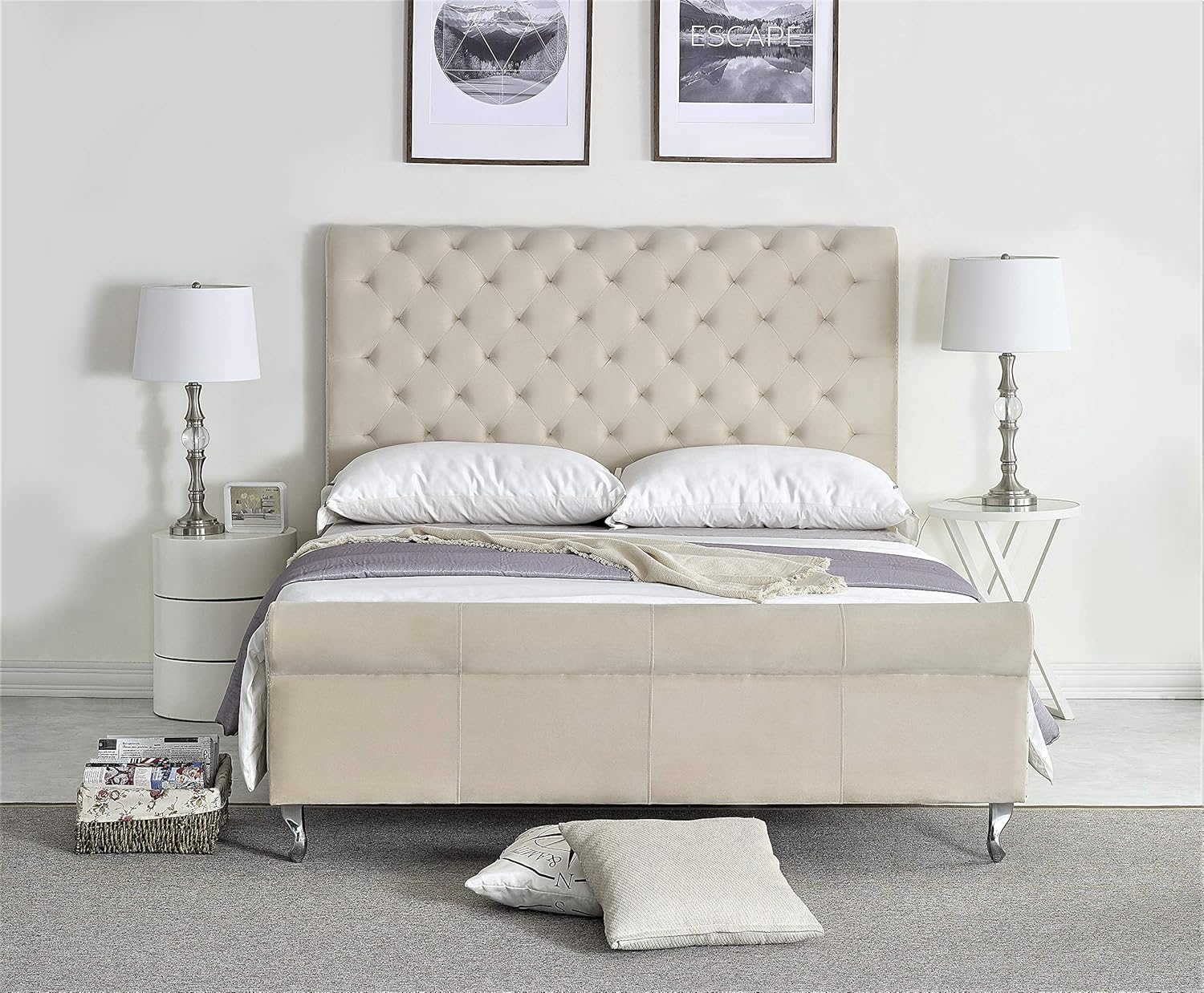 Container Furniture Direct Mid Century Modern Tufted Upholstered Bed, King Size, 79", Ivory