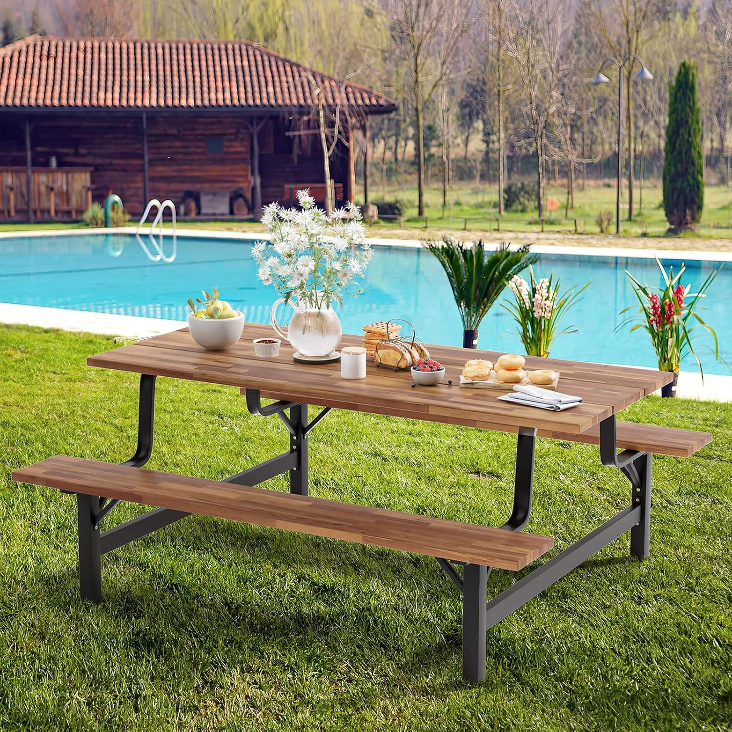 Giantex Picnic Table Bench Set for 6 or 4 Persons, 6FT Large Camping Table, Acacia Wood Outdoor Dining Table Set with 2” Umbrella Hole, 800 Lbs Capacity, for Patio Lawn Garden (Rustic Brown)