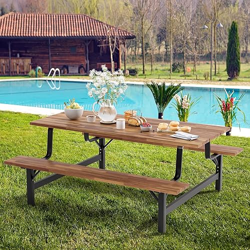 Miniatura 6 de Giantex Juego de mesa de picnic para 6 o 4 personas, mesa de campamento grande de 6 pies, juego de mesa de comedor de madera de acacia al aire libre