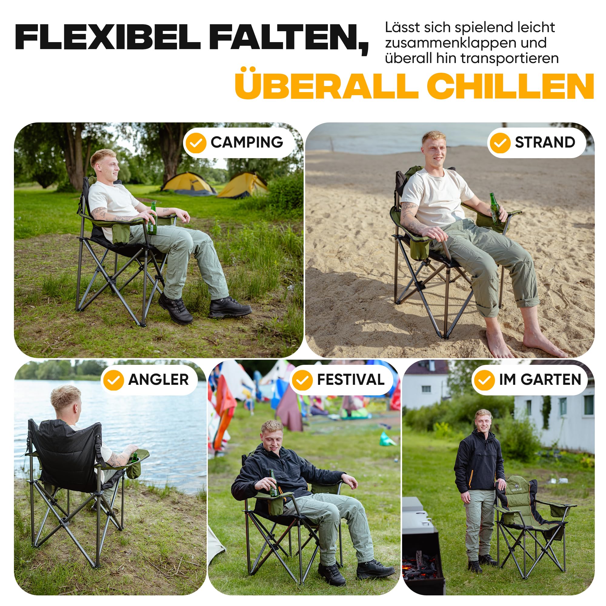 Campingstuhl Faltbar [Dick gepolstert] Ultragroß | Hoher Komfort | 150kg Belastbar | Mit Kühltasche & Getränkehalter – Testsieger 2024, Luxus Premium, Olivgrün