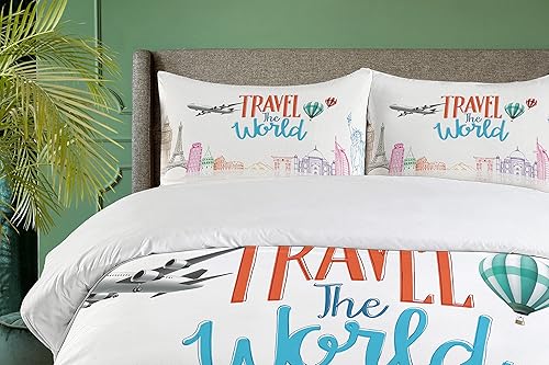 Miniatura 3 de Ambesonne Juego de funda de edredón con texto en inglés "Saying Travel The World Lettering with Around World Landmarks", imagen artística de globos