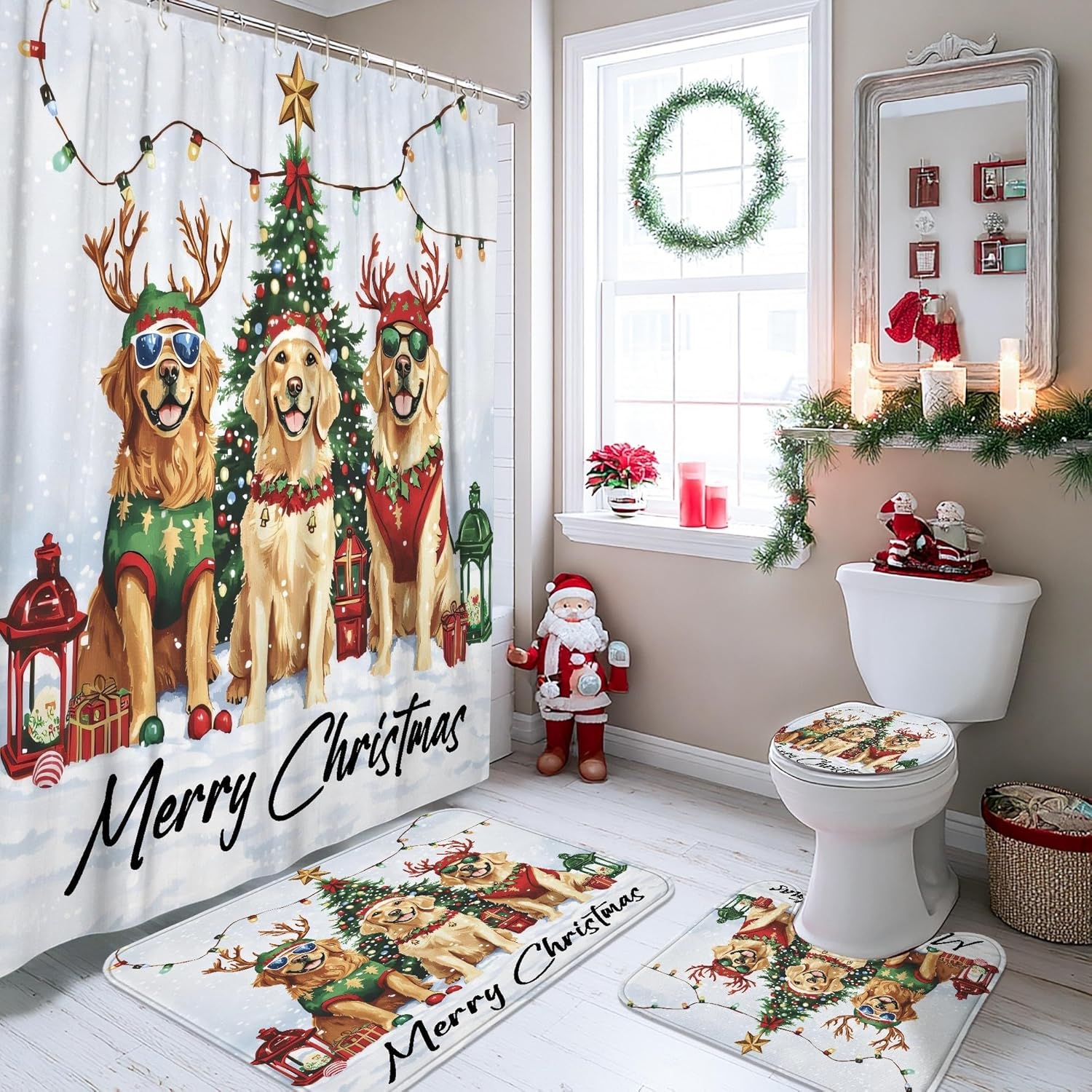 4pcs Christmas Shower Curtain Set, Dog Holiday Bath Mat Rugs Accessories for Bathroom Decor, Festive Modern Waterproof Fabric Shower Curtain with Hooks 72x72 Inch