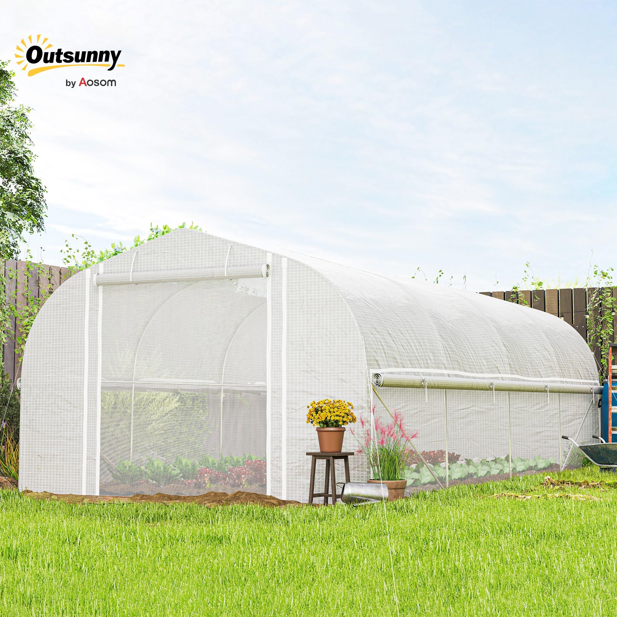 Outsunny Invernadero de Exterior 6x3x2 m con 8 Ventanas PE Anti-UV Blanco | Invernadero de Túnel, Puerta Enrollable con Cremallera, Laterales de Malla