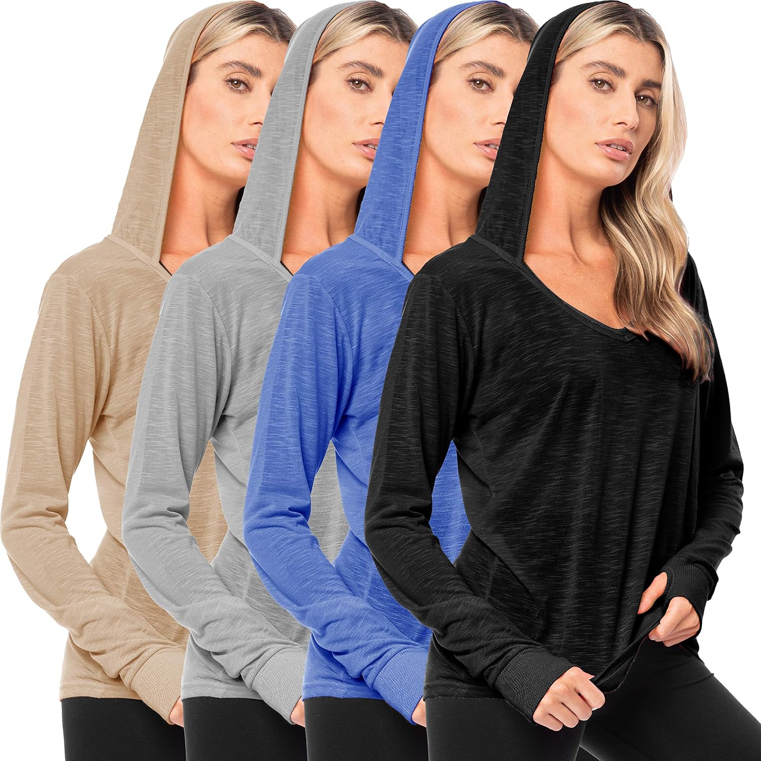 Sexy Basics Women's 4 Pack Flowy Slub Burnout Long Sleeve Hoodie V Neck Shirt with Thumb Hole/Light & Active Tops