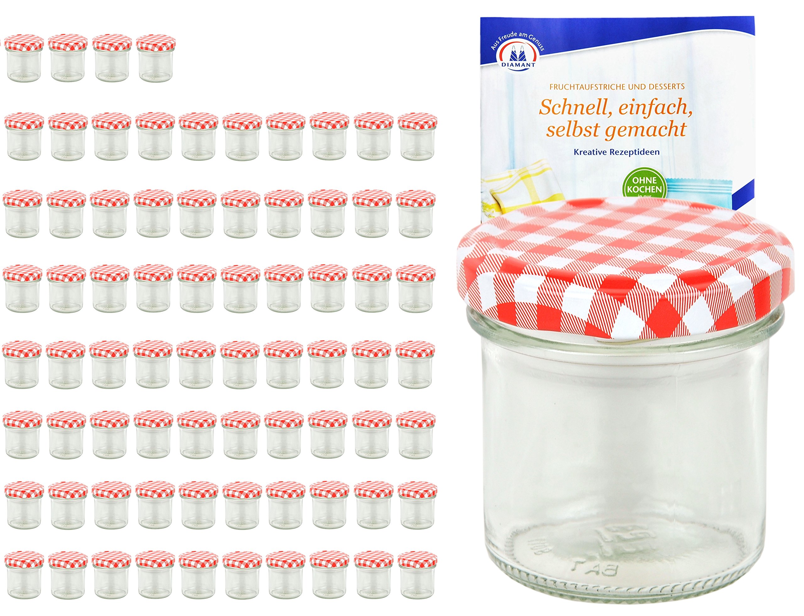 MamboCat 75er Set Sturzgläser 167 ml Deckelfarbe rot weiß kariert to 66 inkl. Diamant Gelierzauber Rezeptheft, Marmeladengläser, Einmachgläser, Einweckgläser, Gläser