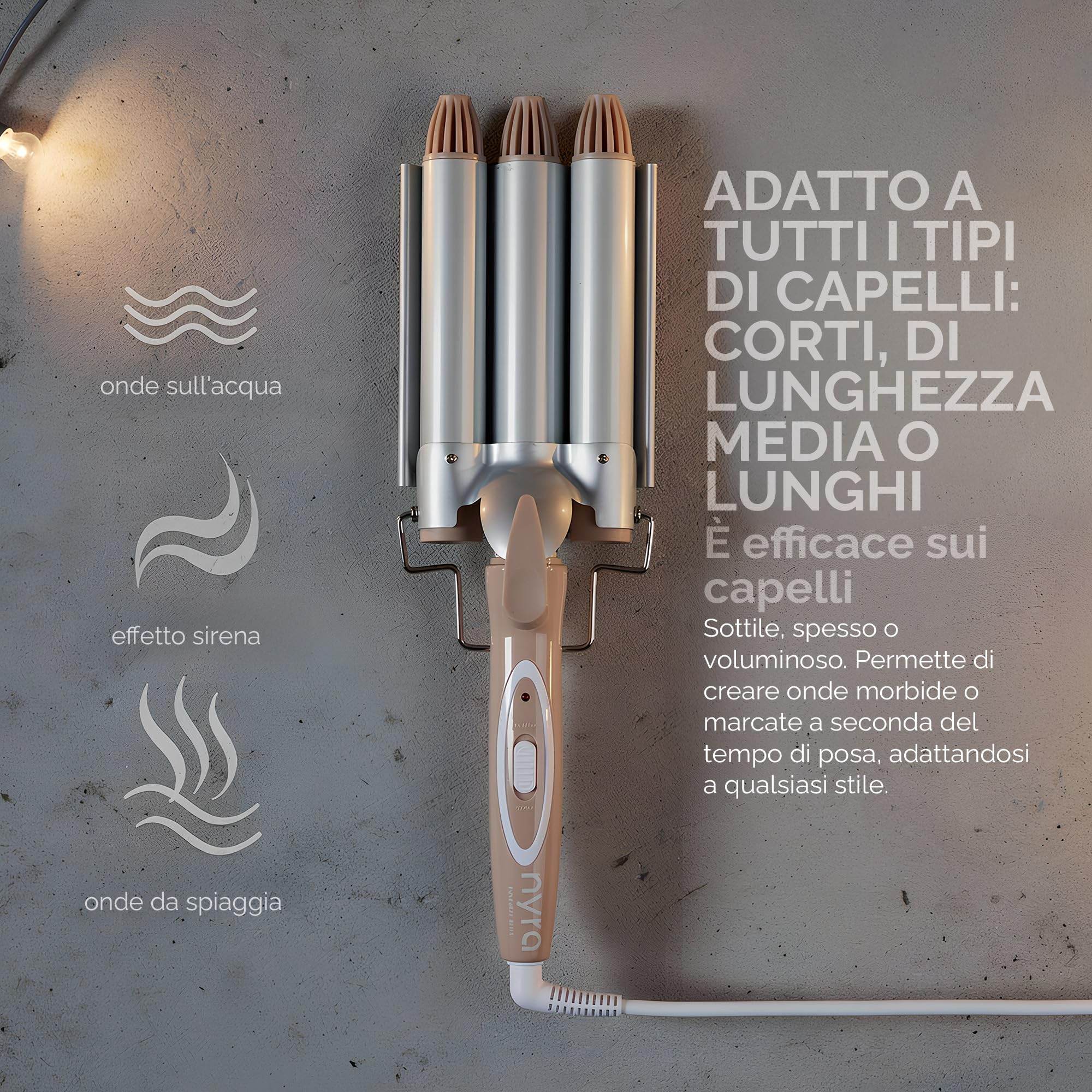 Nyra - Ondulatore per capelli a 3 tubi | Ferro arricciacapelli professionale a onde grandi | 2 temperature (170°C e 220°C) | 95W | Tensione 220-240V | Cavo girevole 1,5 m | Classe elettrica II