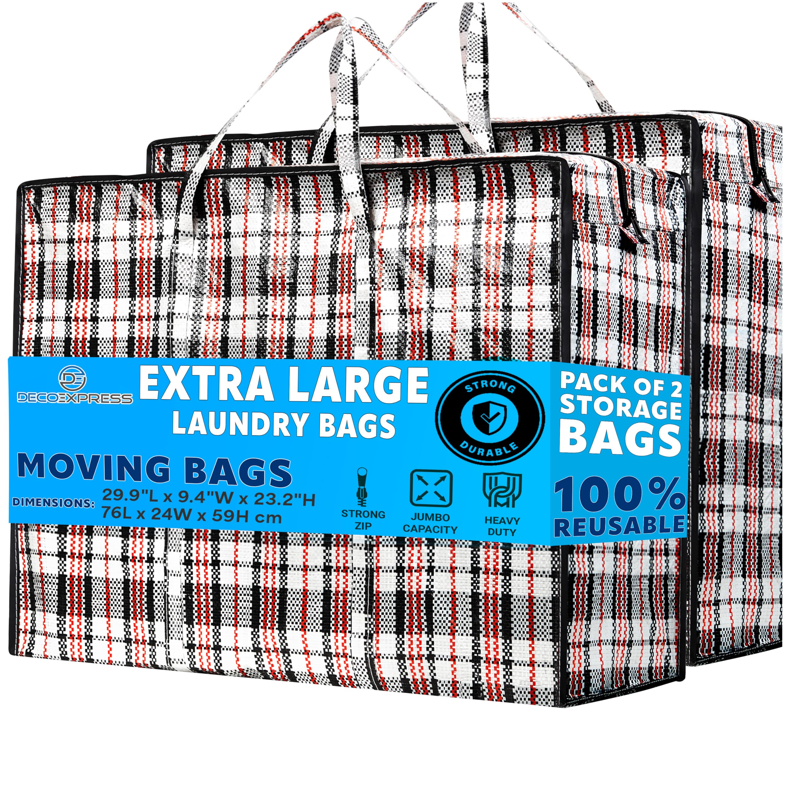 Zuvo Grote waszakken met ritssluiting (5-pack) - waterdichte, duurzame, herbruikbare opbergoplossing voor verpakking, beter dan verhuisdozen, 60 x 50 x 25 cm