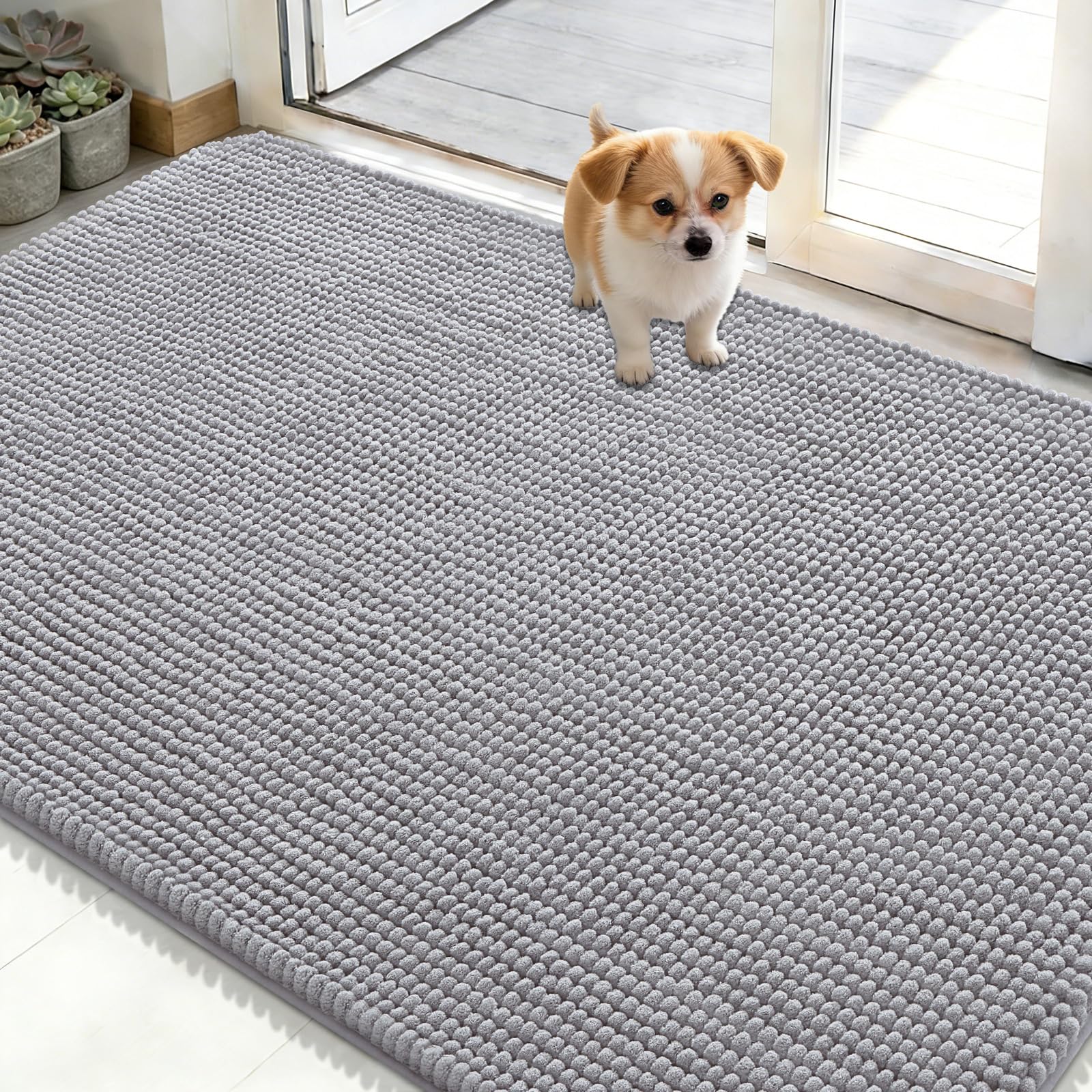 OLANLY Dog Door Mat for Muddy Paws 48x30, Absorbent Chenille Mud Doormat