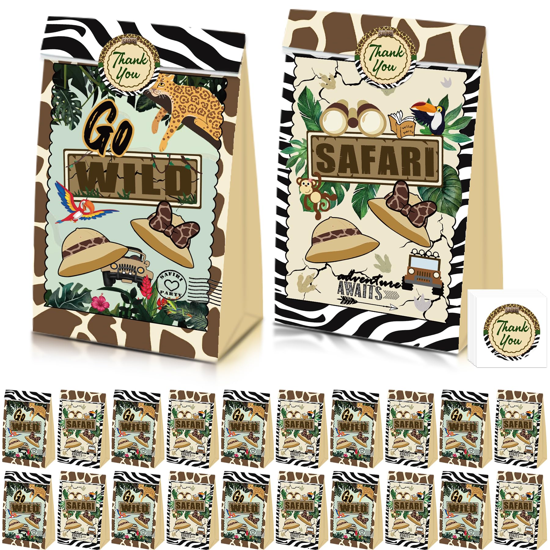 Apinwin24 Pcs Mouse Safari Party Favor Bags, Tropical Wild Jungle Animal Print Candy Treat Goodie Gift Boxes for Two Wild One 1st 2nd 3rd 4th Birthday Baby Shower Decorations Supplies