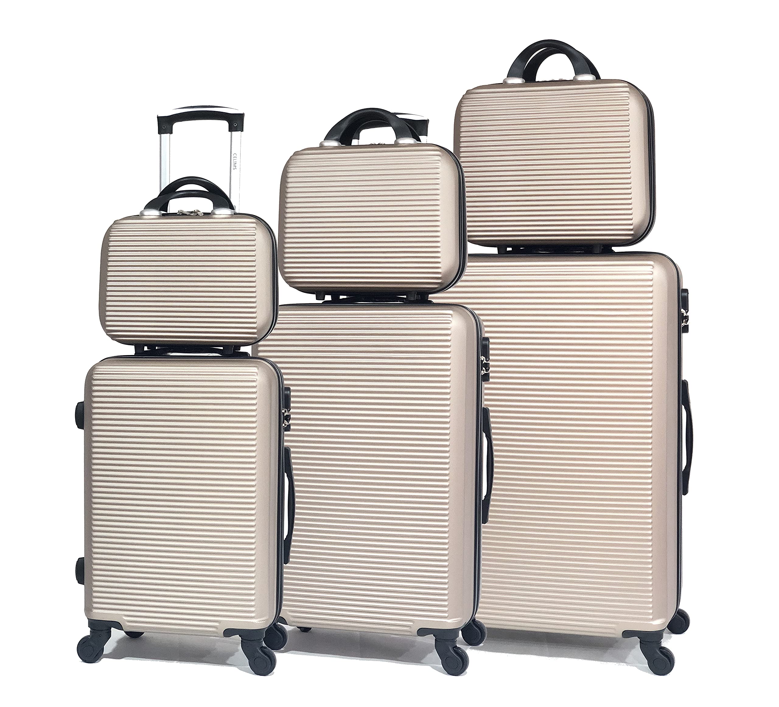CELIMS - Kabinenkoffer/mittel/groß mit oder ohne Vanity, französische Marke, Champagner – 5859, Lot de 3 Valises & 3 Vanity