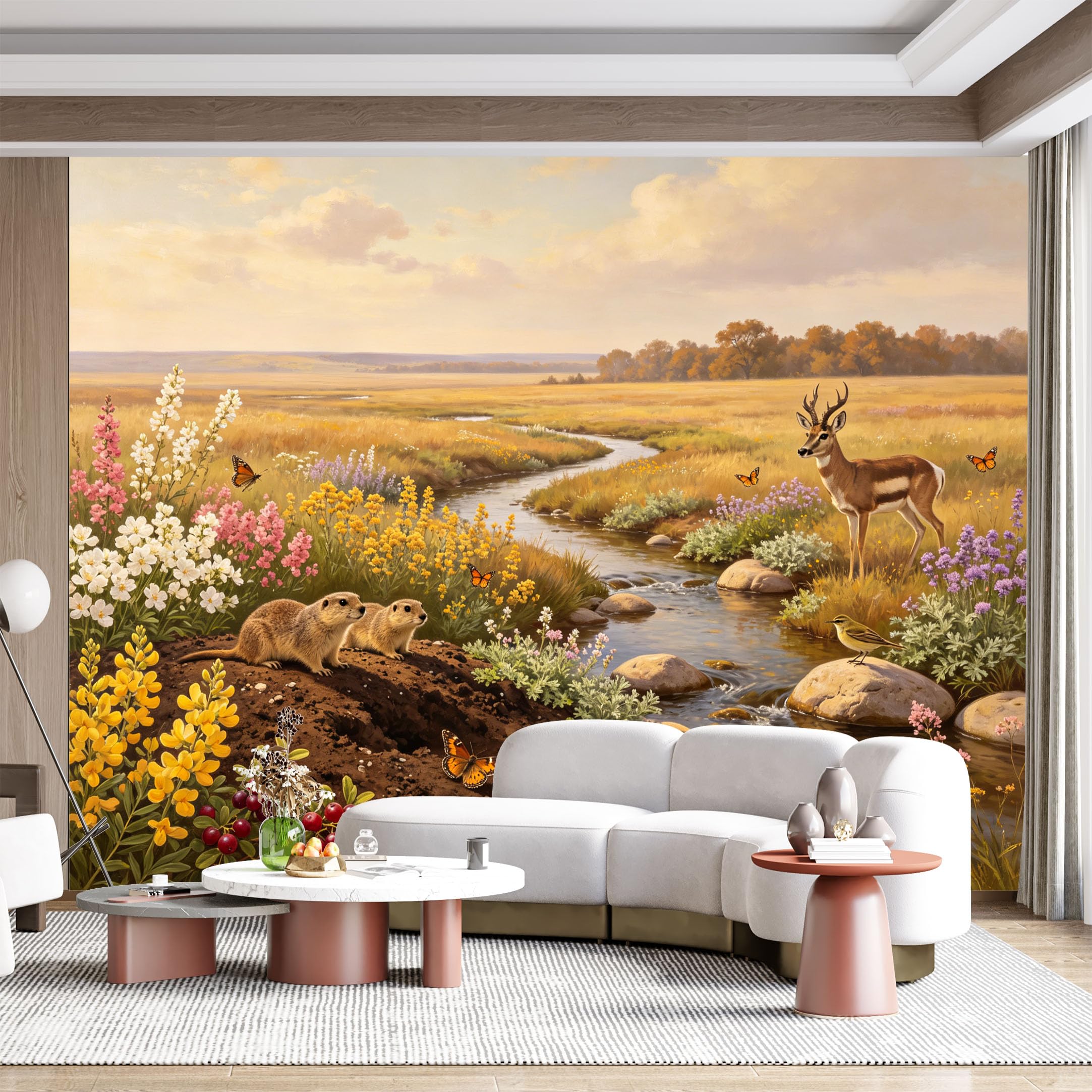 Custom Size Wall Mural Prairie Landscape Wildlife Stream Butterfly Floral Oil Painting SelfAdhesive Wall Fabric Removable for Home Office Decor