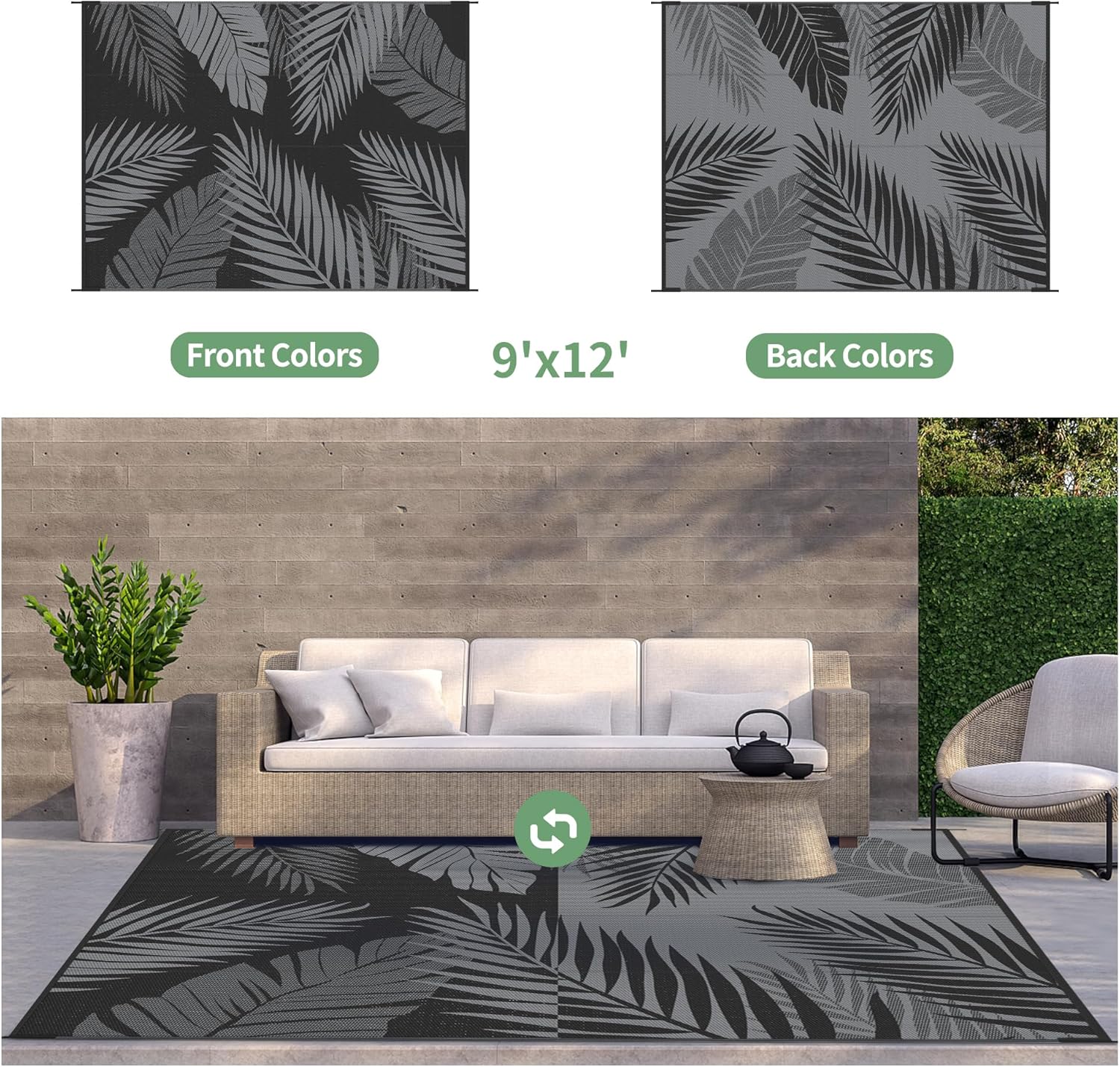 genimo outdoor rug 9' x 12' waterproof for patios clearance, reversible outdoor plastic straw camping rug carpet, large area rugs mats for rv, camper, deck, balcony, porch, beach, picnic, black&grey black & grey | waterproof 9' x 12' (rectangular)