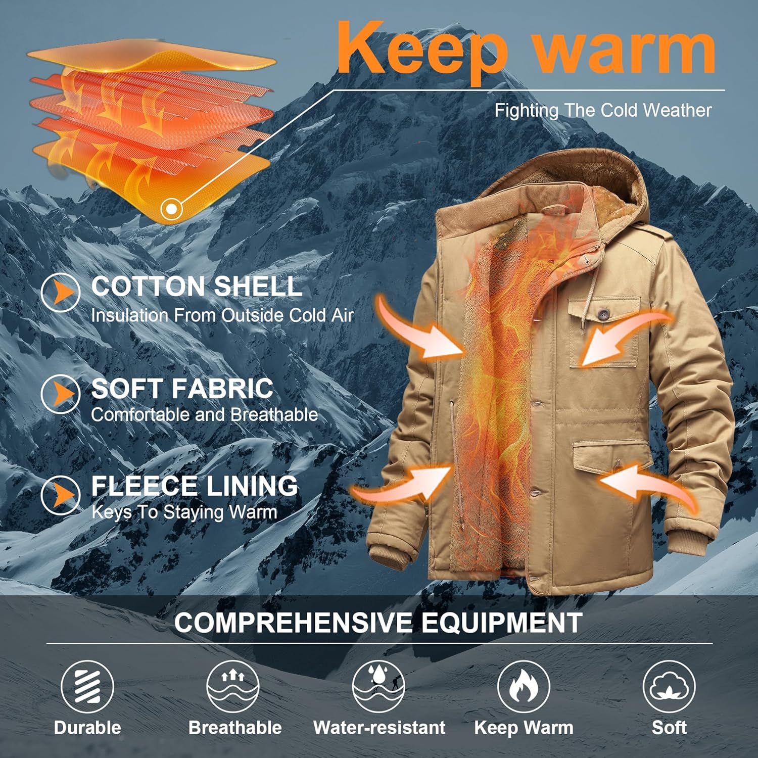 CHEXPEL Men's Winter Jackets with Hood Cotton Military Jackets Fleece Lined Thick Work Coats with Cargo Pockets - Image 3