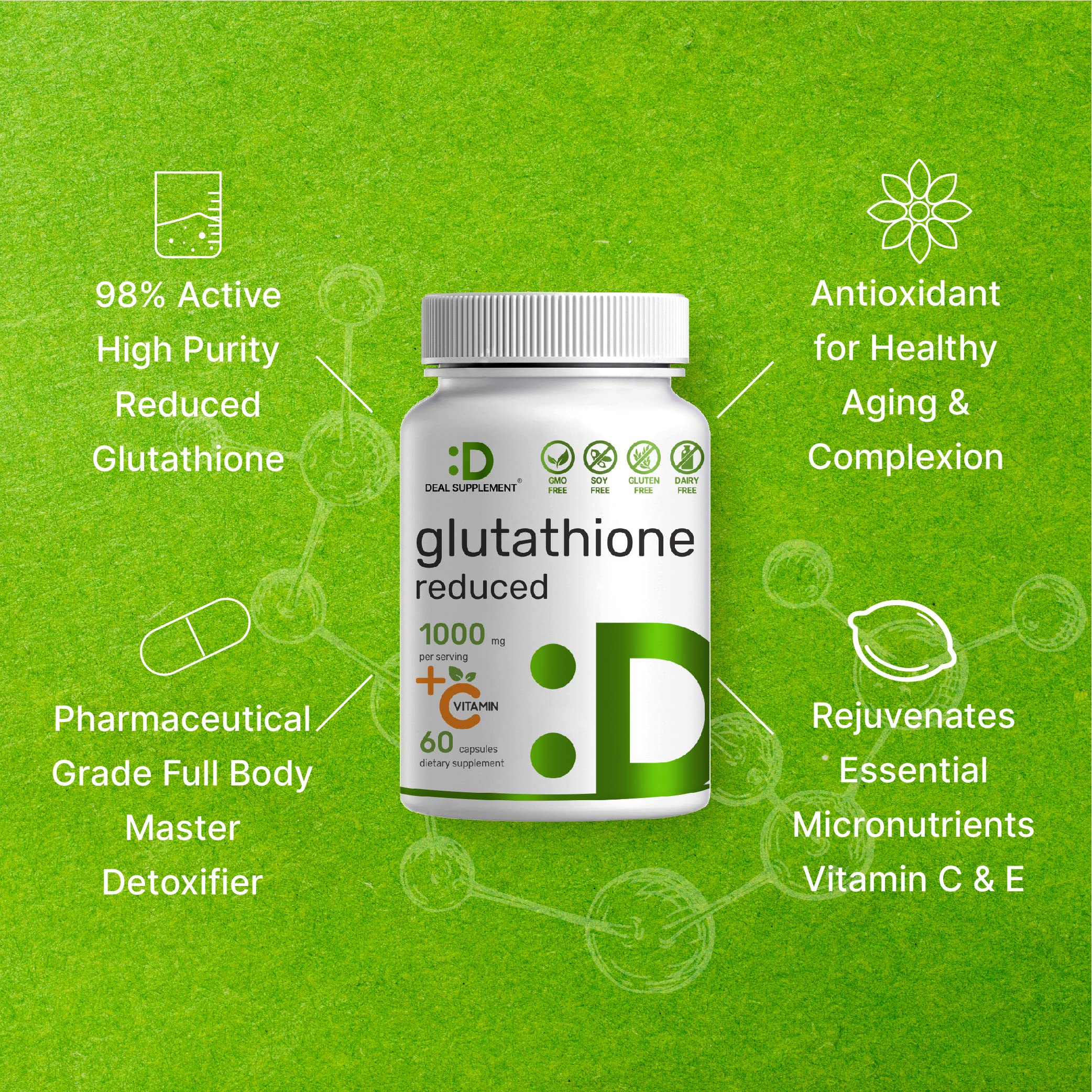 Glutathione Supplement 1000mg Per Serving, 98 Purity Plus Vitamin C