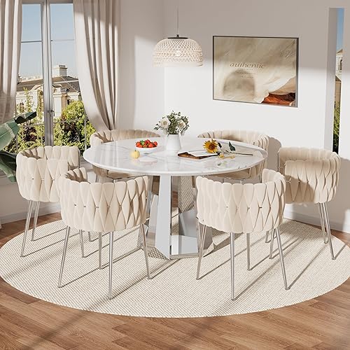Miniatura 33 de Moderno juego de mesa redonda de comedor para 4, juego de mesa de comedor de mármol blanco de 5 piezas, mesa de comedor dorada de lujo y 4 sillas