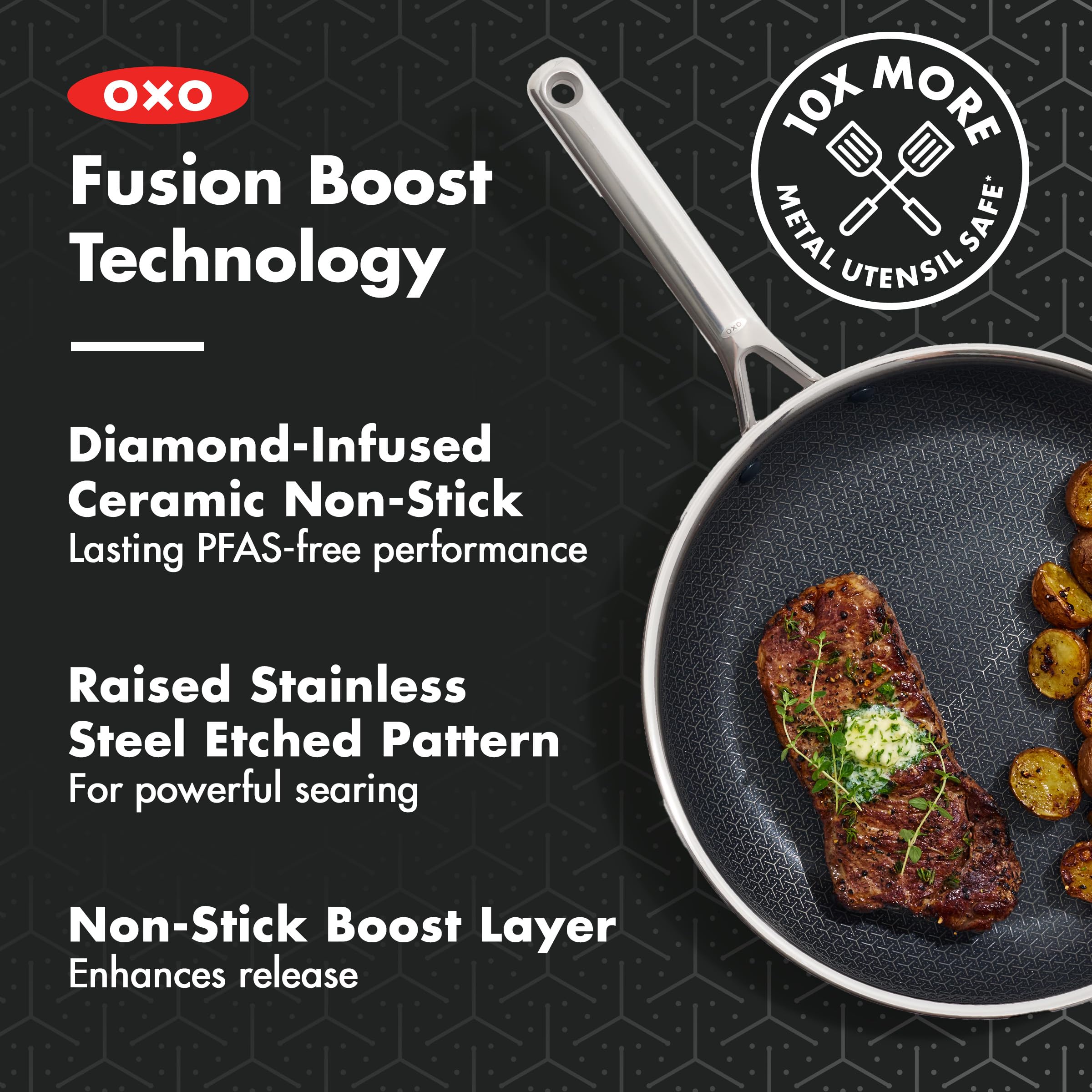 OXO Trident Hybrid-Bratpfanne aus Edelstahl, antihaftbeschichtet, 30,5 cm, dreilagig, Thermobond PFAS-frei, Induktions- und alle Herdarten kompatibel, Backofentemperatur bis 450 °C, spülmaschinenfest