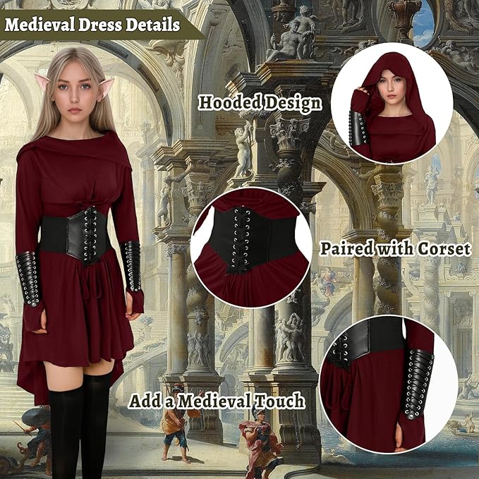 PORJDN Gothic jurk set voor dames, middeleeuwse kleding, halloween jurk met capuchon en riem, retro gouden muntzak, korset, overknee sokken, armstulpen, schortklem. (Zwart, XL
