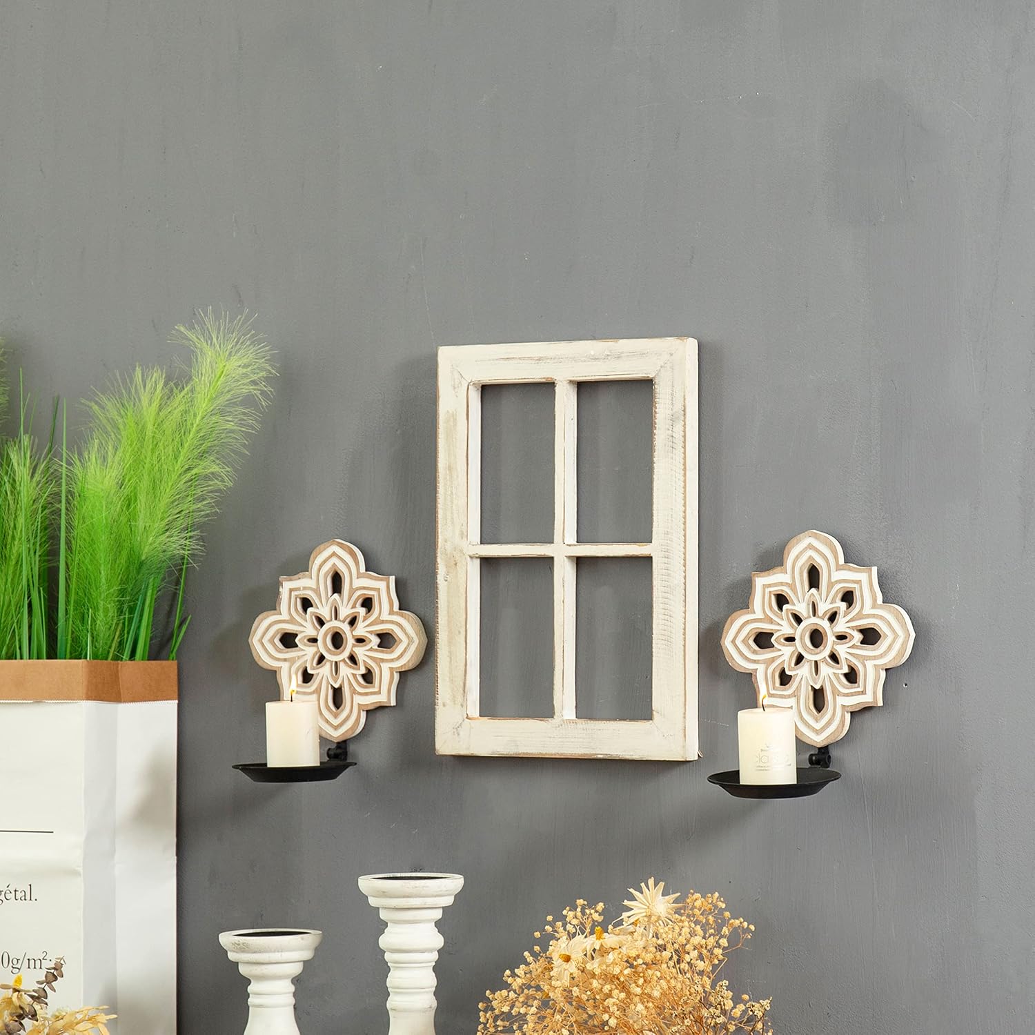 SOFE Openwork Carving Candle Sconces Set of 2, Farmhouse Wall Candle Holder