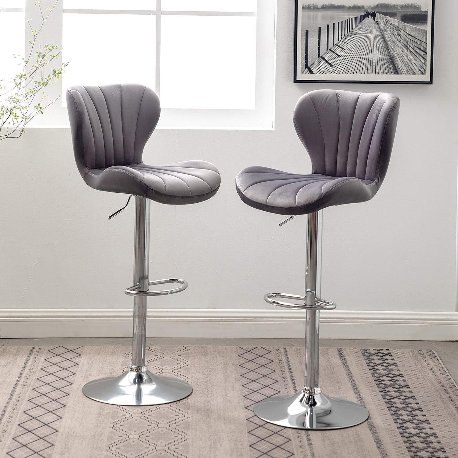 Roundhill Furniture Ellston Velvet Adjustable Swivel Barstools in Gray, Set of 2 Grey