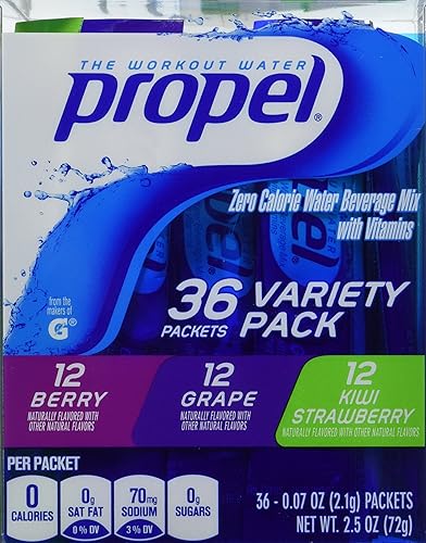 Propel Mezcla de bebidas de agua mejorada con nutrientes cero calorías (36 paquetes) 3 sabores diferentes (baya, uva y fresa de kiwi)