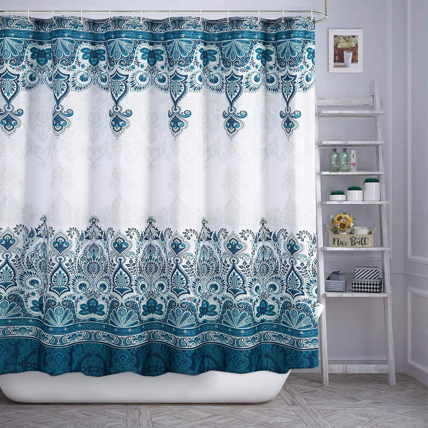 MIGVELA Shower Curtain Liner with 12 Hooks Polyester Fabric Shower Curtains Washable Waterproof Shower Curtain Set for Bathroom (72" x 72")