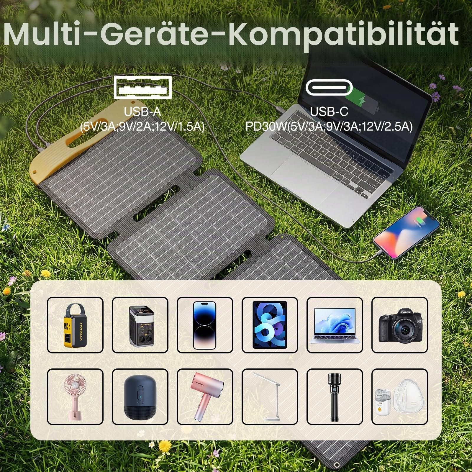 VTOMAN VS40 Faltbares Solarladegerät 40W ETFE-Solarpanel, 25% Wirkungsgrad | IP67, Dual USB-A & USB-C (PD30W) Ausgang , leicht, 13,9V für Powerstation, Handy, Powerbank, Camping & Wandern