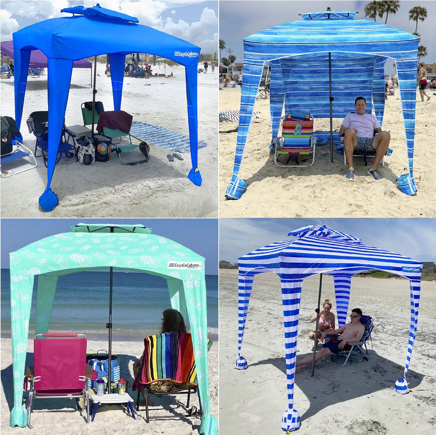 Beach Cabana Canopy Shelter – Sun Shade Tent – 6’ X 6’ - UPF 50+ - Waterproof - Easy Setup – 2 Layer Wind Vent Umbrella – 6 Ft X 6 Ft – BONUS sidewall – Beach, Lake, Park for Family - 2 to 4 People