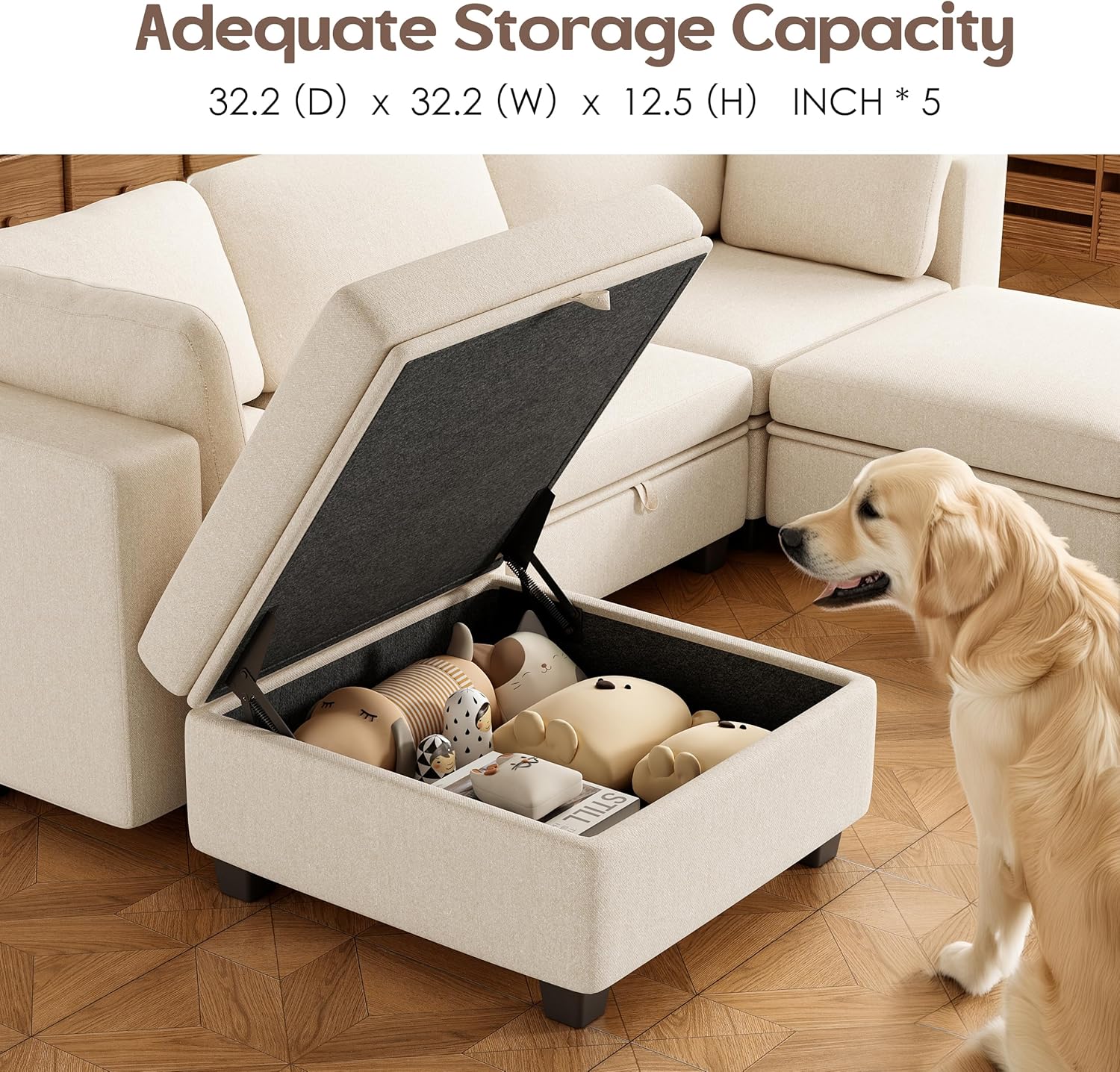 Golden retriever dog next to an open storage ottoman of the sofa
