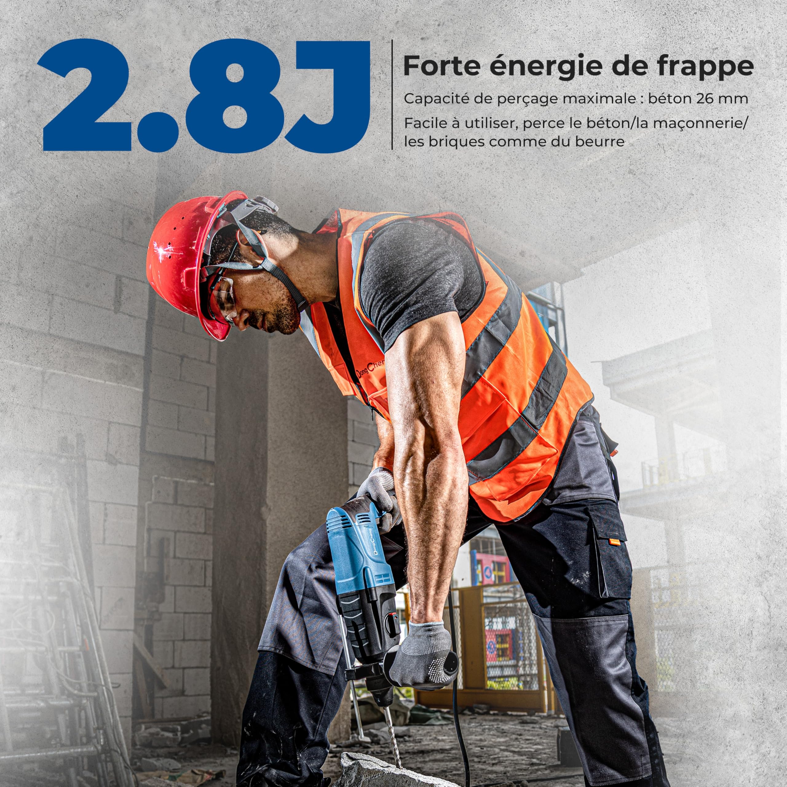 DongCheng marteau perforateur 800W, énergie d'impact 2.8 J, vitesse de ralenti 0-1200U/min, avec 4 Drill Bit SDS plus, 26mm, perceuse 4 en 1, marteau de démolition, poignée anti-vibration