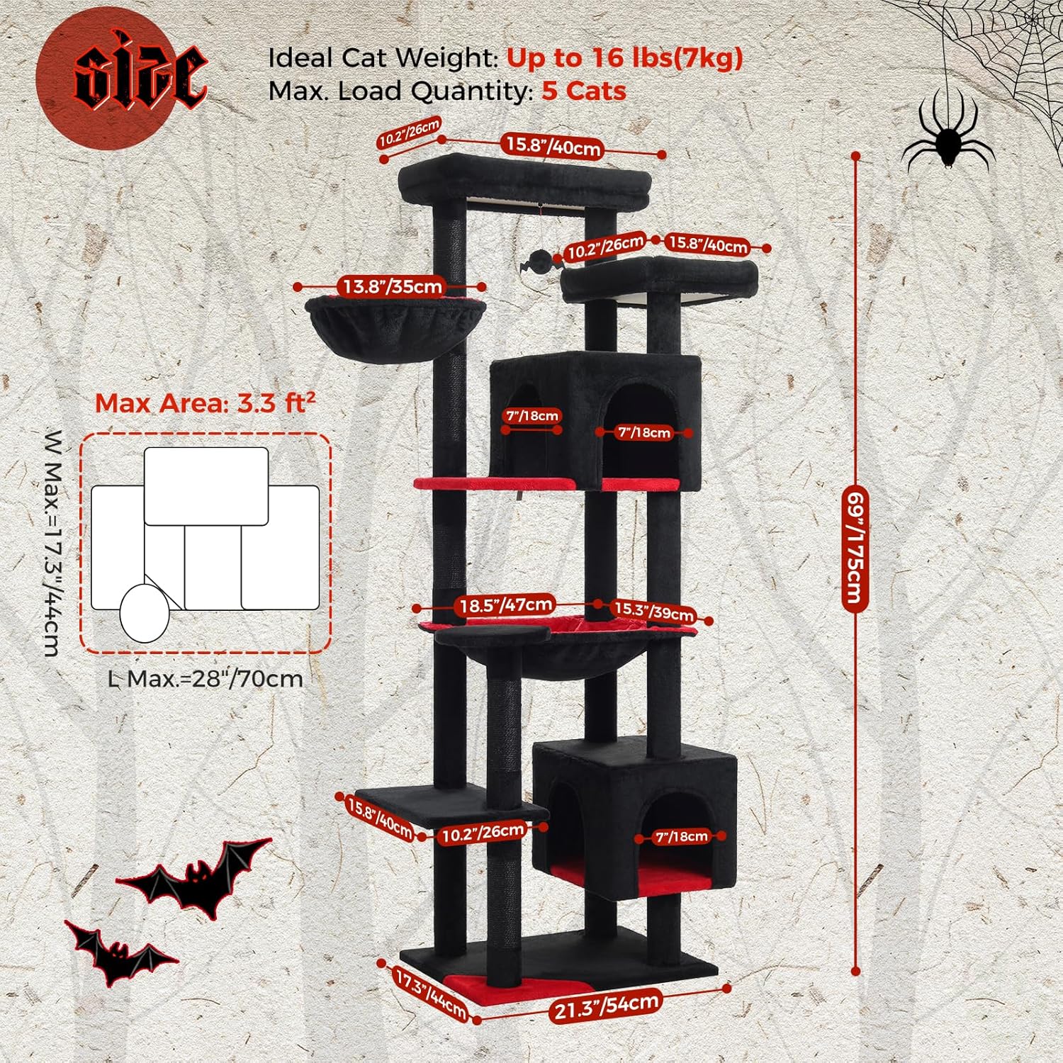 PETEPELA Cat Tree, 69-Inch Gothic Cat Tower for Indoor Large Cats with Super Large Hammock, Tall Cat Climbing Tree Tower with Scratching Posts, Cozy Condo House and Top Perch, Black