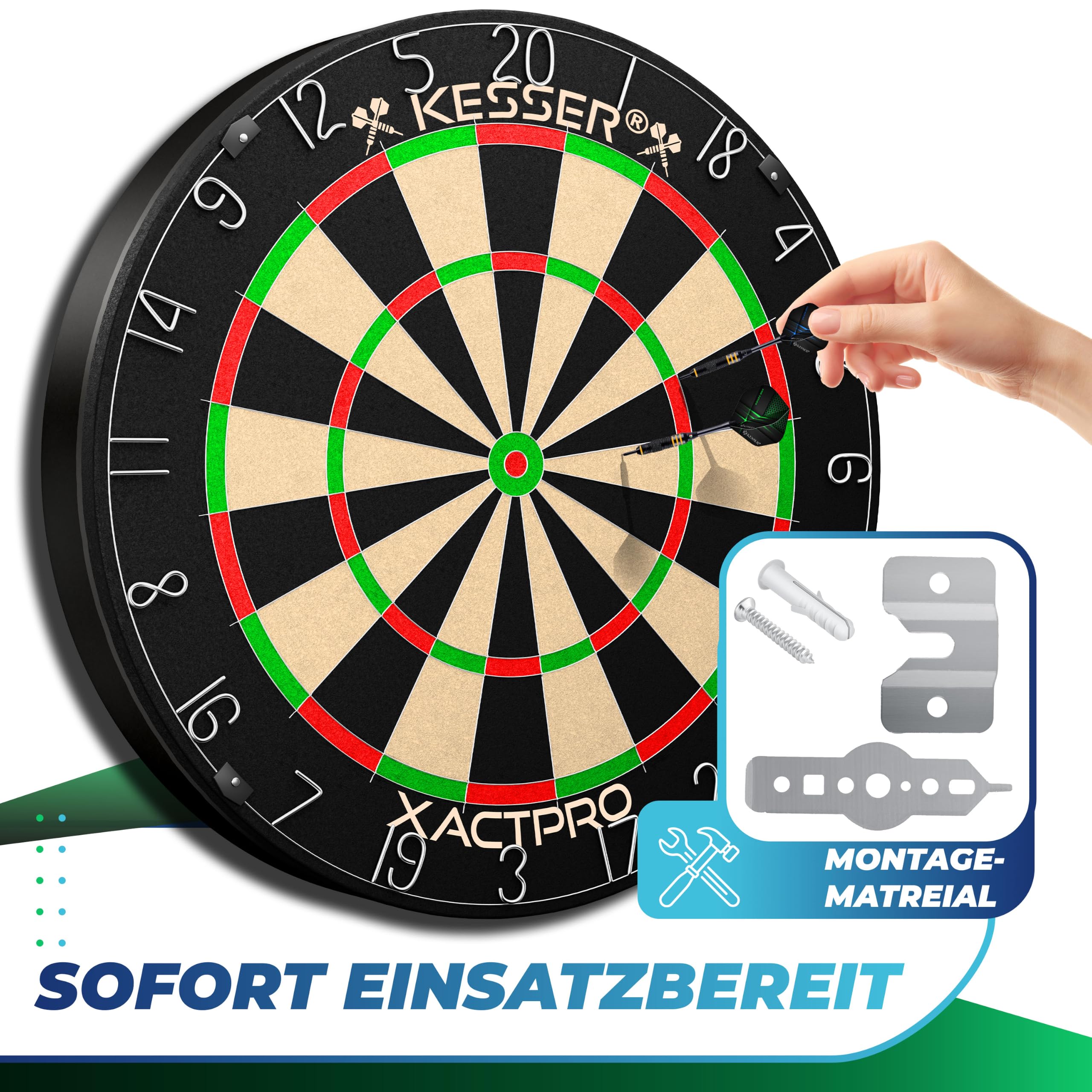 KESSER® Jeu de fléchettes pour pointes en acier, avec cible en liège, 9 fléchettes à pointe métallique, 21 ailettes Pro et accessoires, matériel de montage inclus