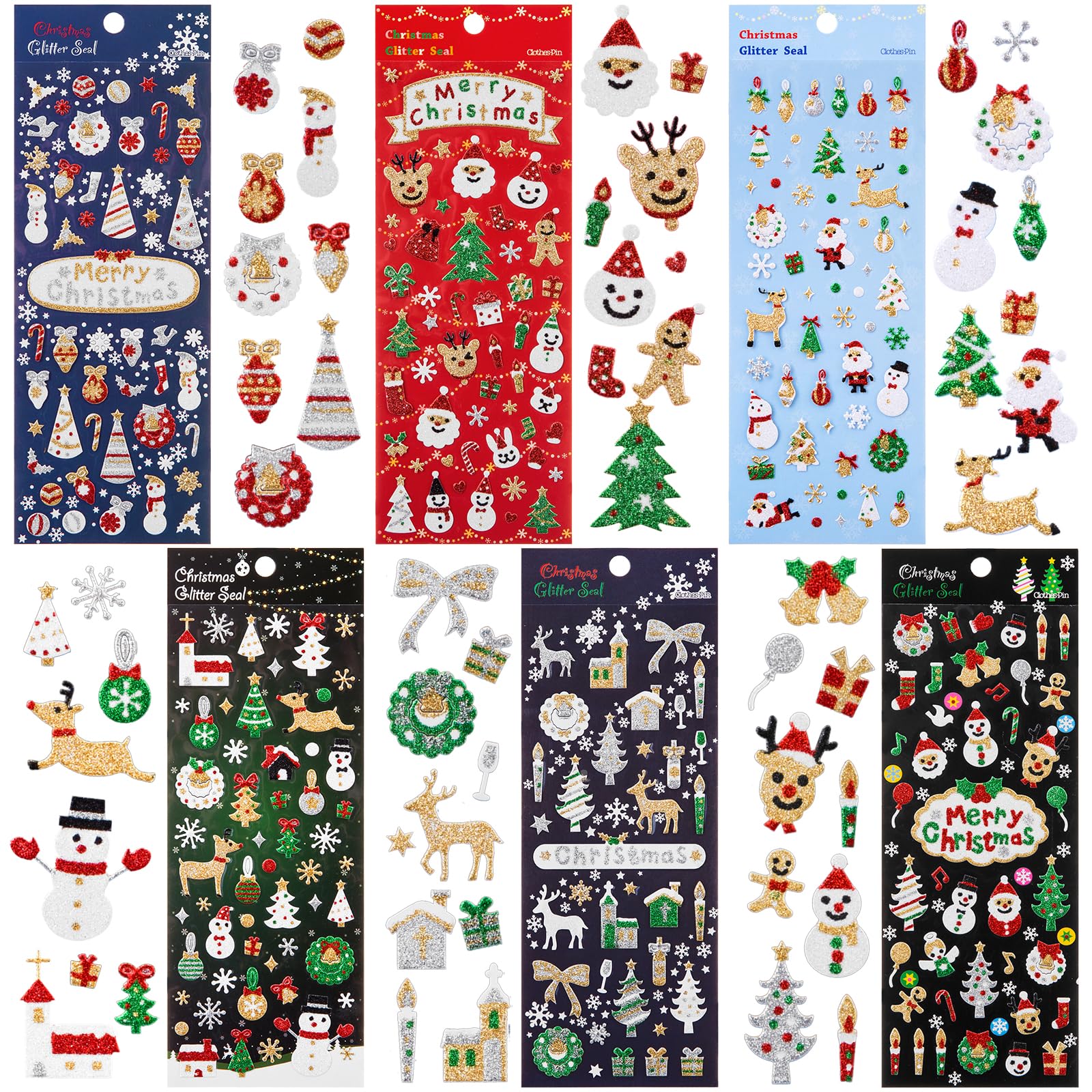 6 Sheets Christmas Stickers Collection Sparkly Reusable Stickers for Kids Cards Crafts Self Adhesive Stickers for Christmas Decorations Xmas Party Supplies