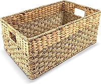 RUSTICHOMERESOURCES Medium Natural Seagrass & Hyacinth Wicker Storage Basket with Handles - 15.5x9.5x6.5in Rectangular Shelf Organizer