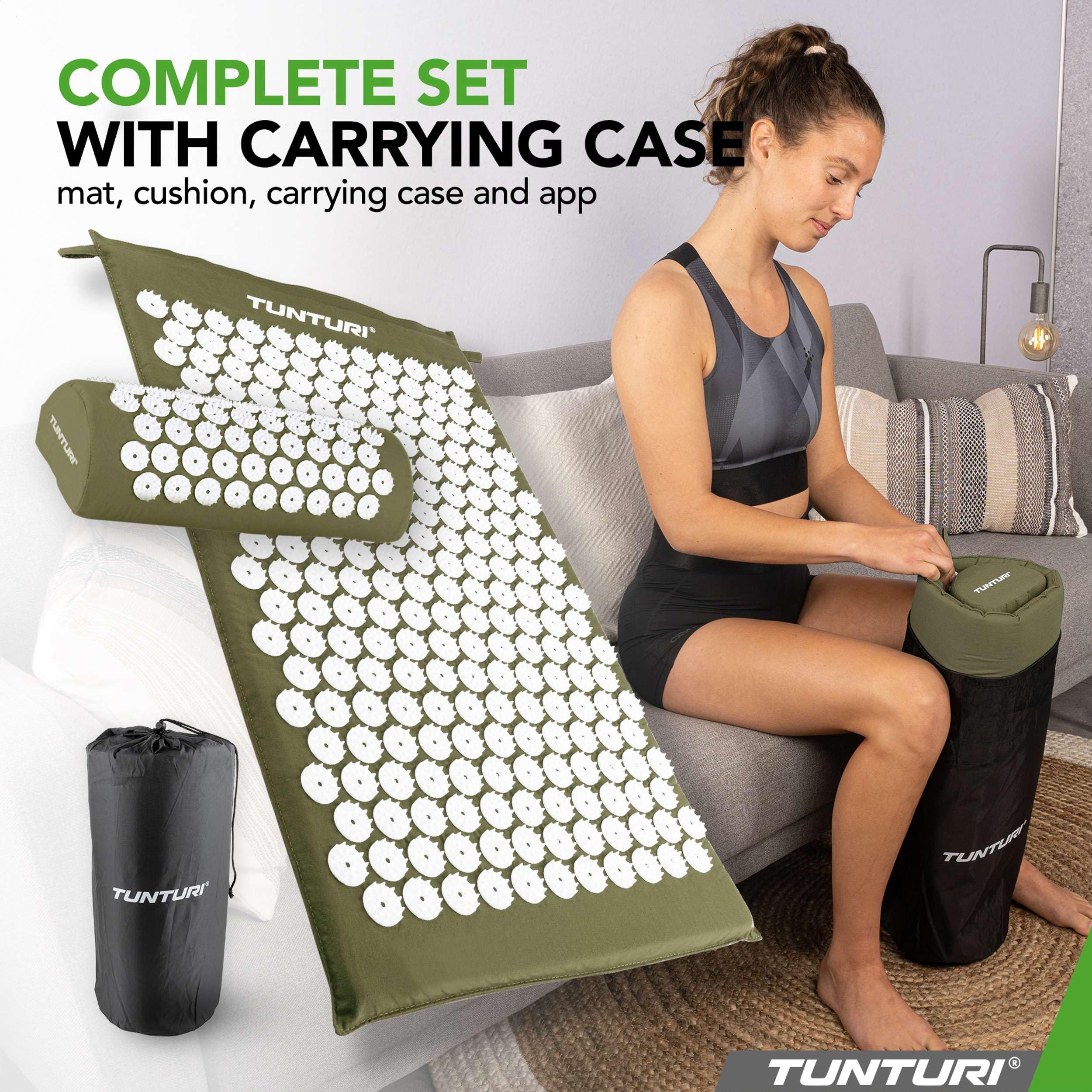 Tunturi Tappetino per agopressione con cuscino, tappetino per agopuntura, per schiena, collo, piedi, tutto il corpo, 2 in 1, tappetino per agopressione, anti-stress, 68 x 42 x 2 cm, verde militare